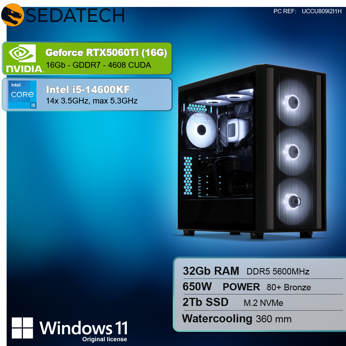 Un case per computer con ventole illuminate. Sono visibili anche informazioni sulla scheda grafica, CPU, RAM, alimentatore e memoria.