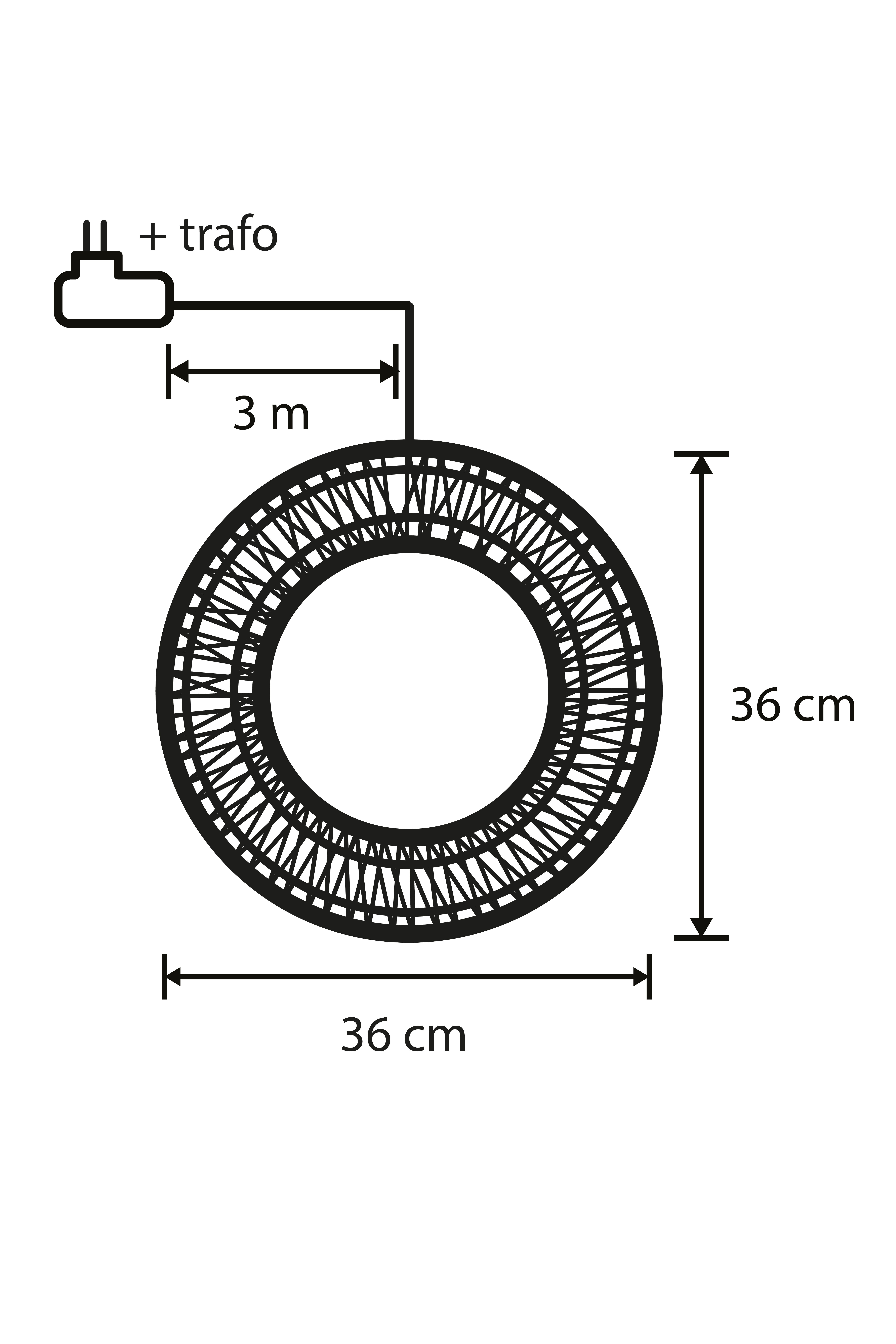 Schéma d'une lampe circulaire avec dimensions. Il a un cordon d'alimentation, un transformateur et des dimensions de 36 cm et 3 m.