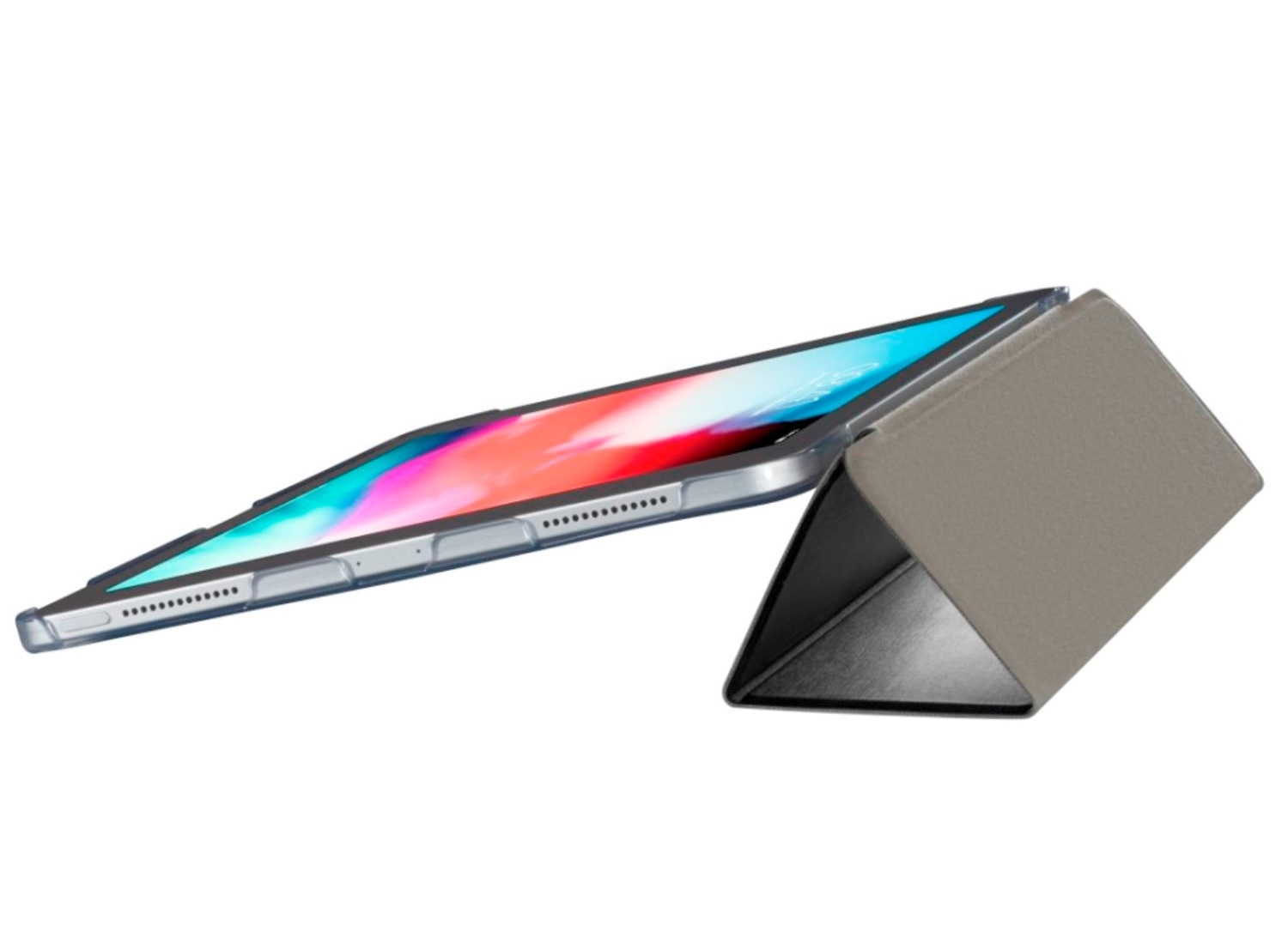 Tablet in hellbrauner Hülle. Der Bildschirm zeigt ein farbenfrohes Bild. Die Hülle ist abgewinkelt und stützt das Tablet.