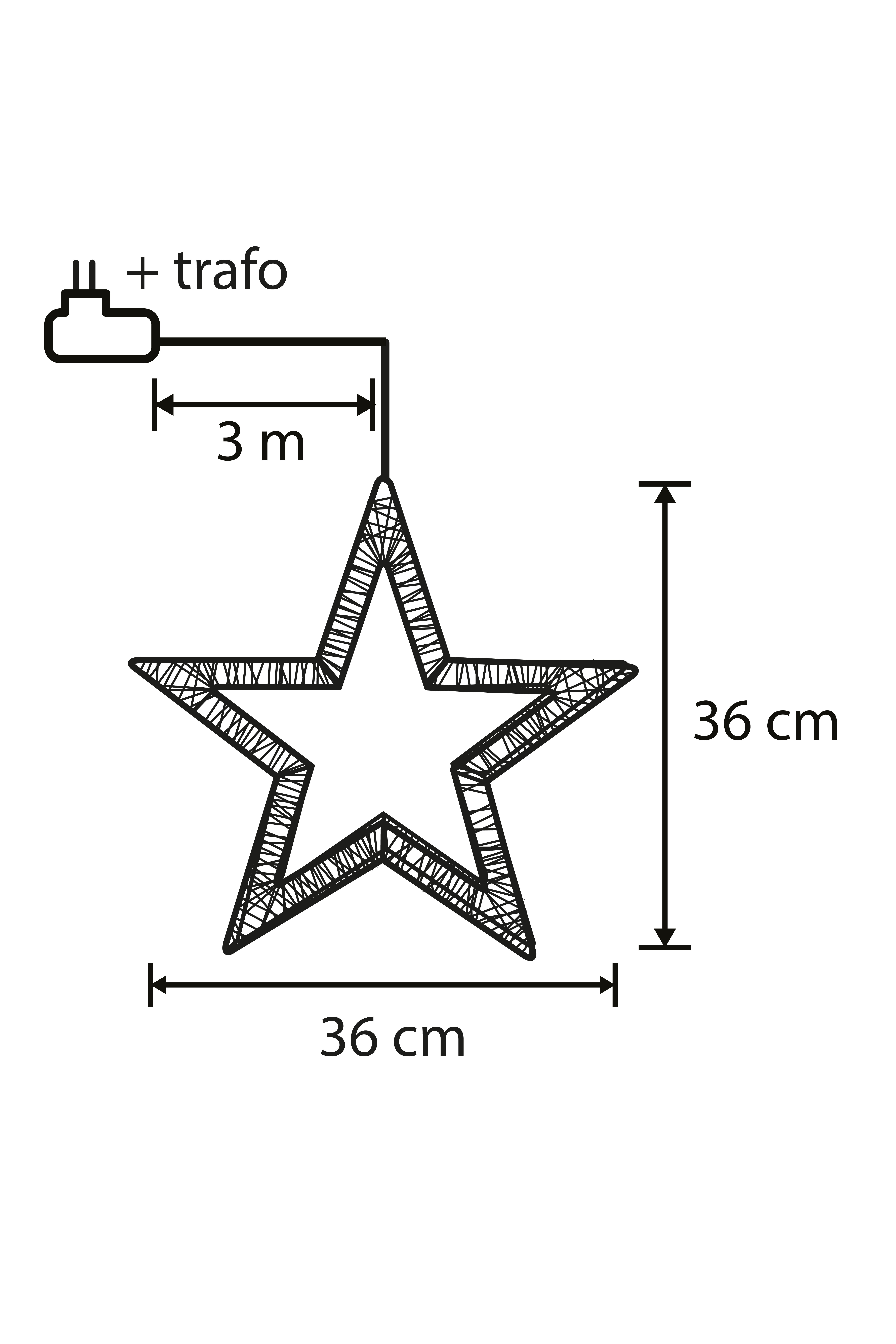 Décoration de Noël en forme d'étoile avec prise et transformateur. L'étoile mesure 36 cm de large et de haut.