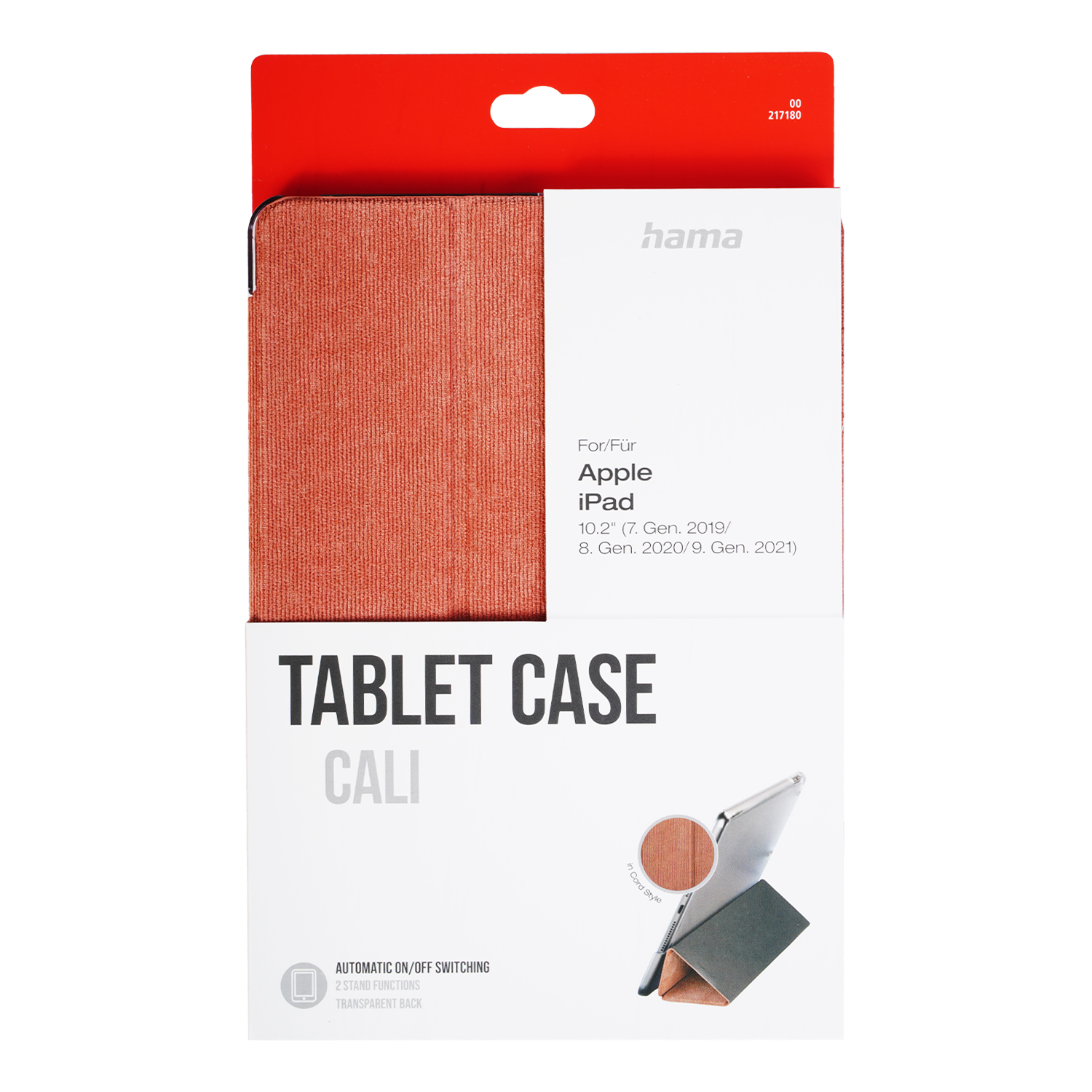 Verpackung für Tablet-Hülle. Die Hülle ist für Apple iPad. Sie hat orangefarbenen Stoff und ein Bild der Hülle mit einem iPad darin.