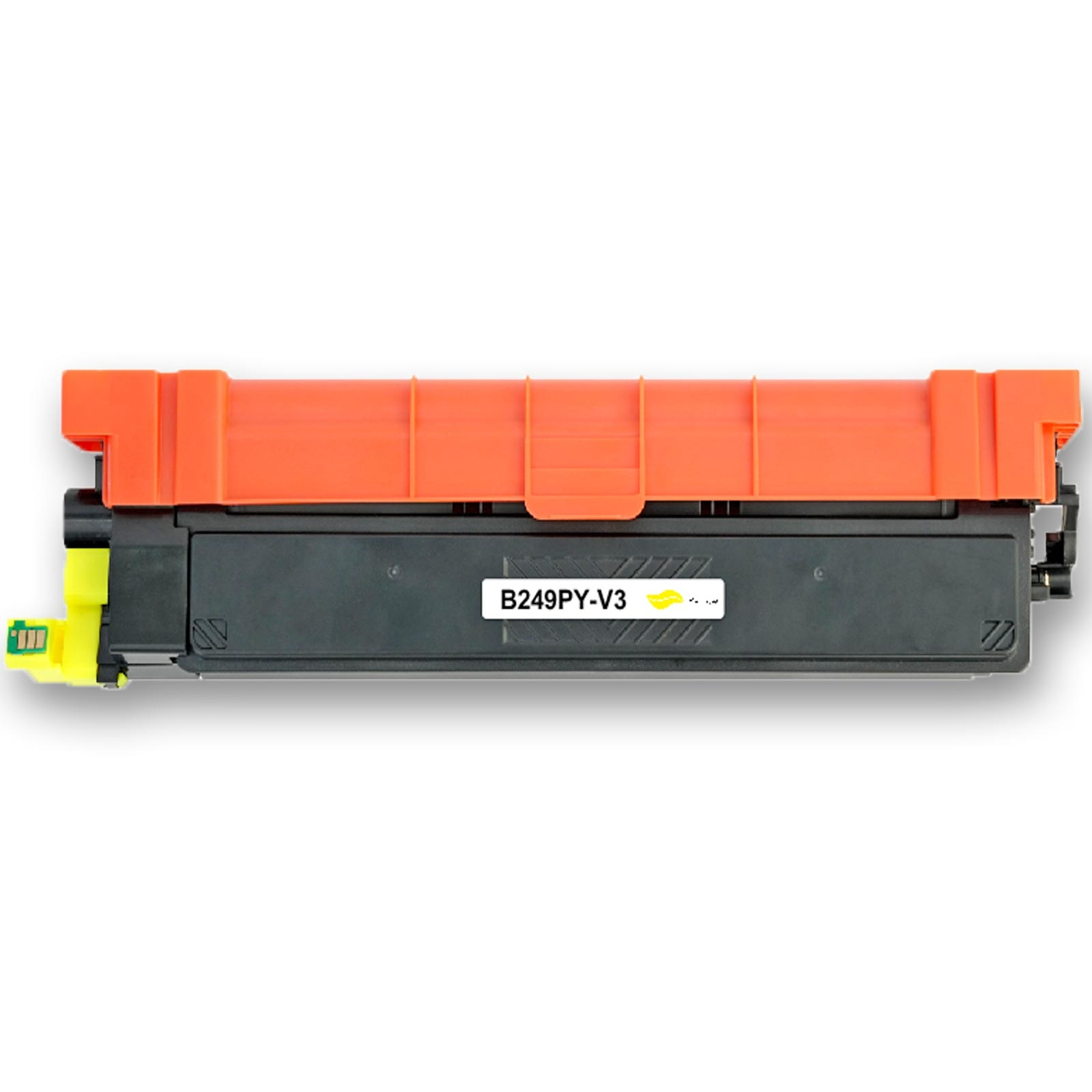 Eine Drucker-Tonerkartusche. Sie ist orange und schwarz, mit einem gelben Teil an der Seite. Der Hintergrund ist weiß.