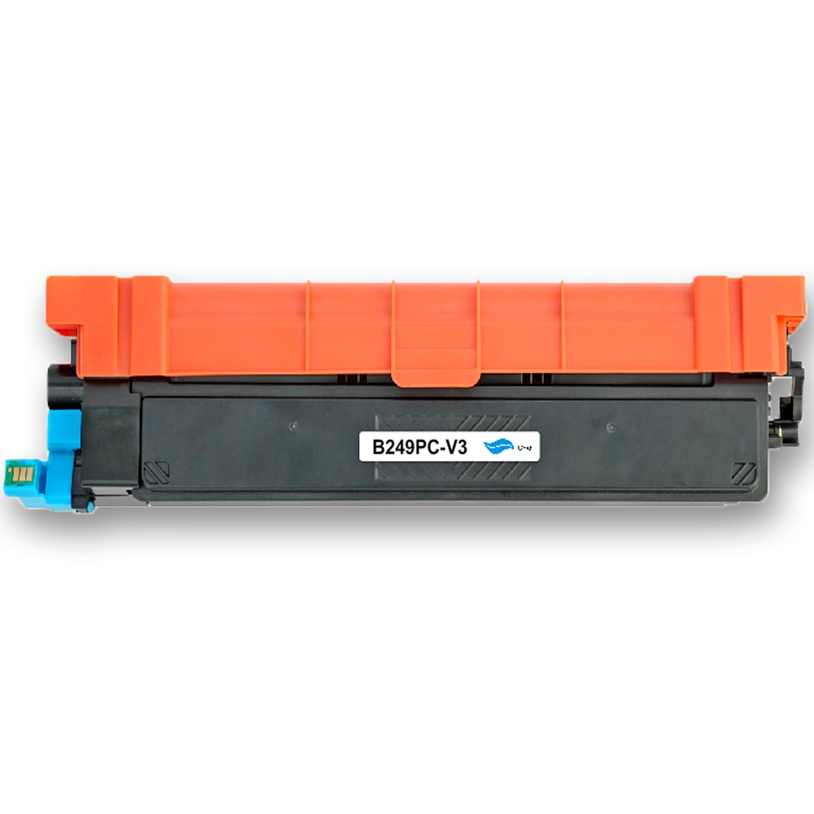 Eine Drucker-Tonerkartusche. Sie ist orange und schwarz, mit einem blauen Anschluss auf der linken Seite. Auf dem Etikett steht B249PC-V3.