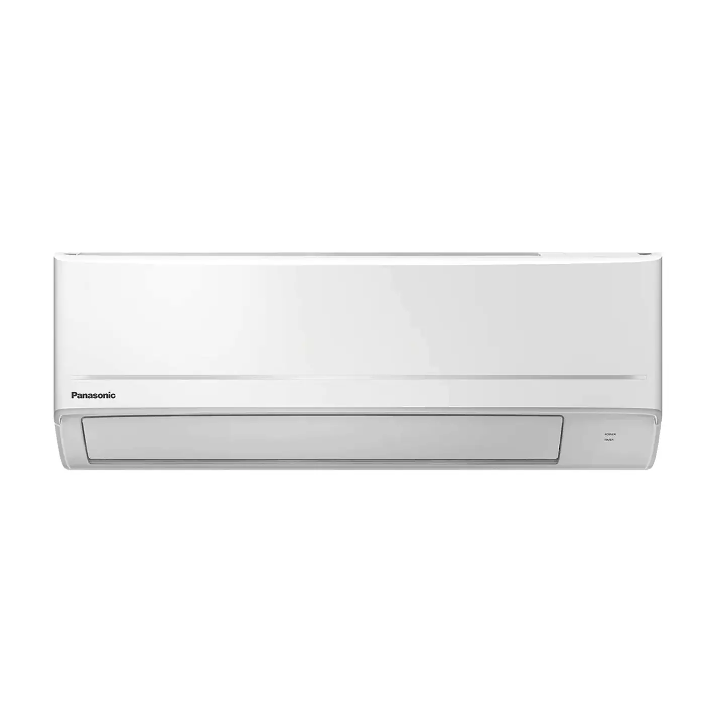 Un condizionatore Panasonic bianco. È rettangolare con una parte inferiore leggermente curva. La parola Panasonic è a sinistra.