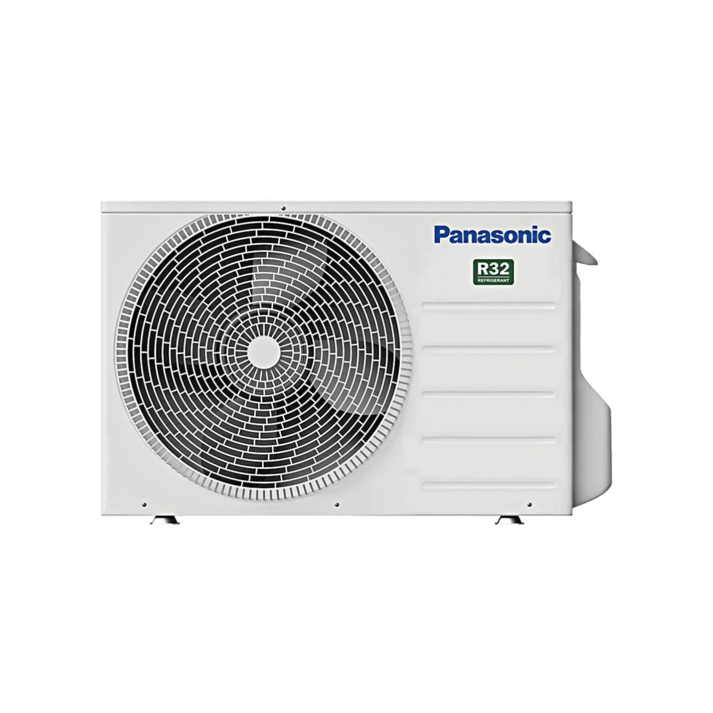 Un condizionatore Panasonic bianco con una ventola circolare e il marchio. L'unità è su sfondo bianco.