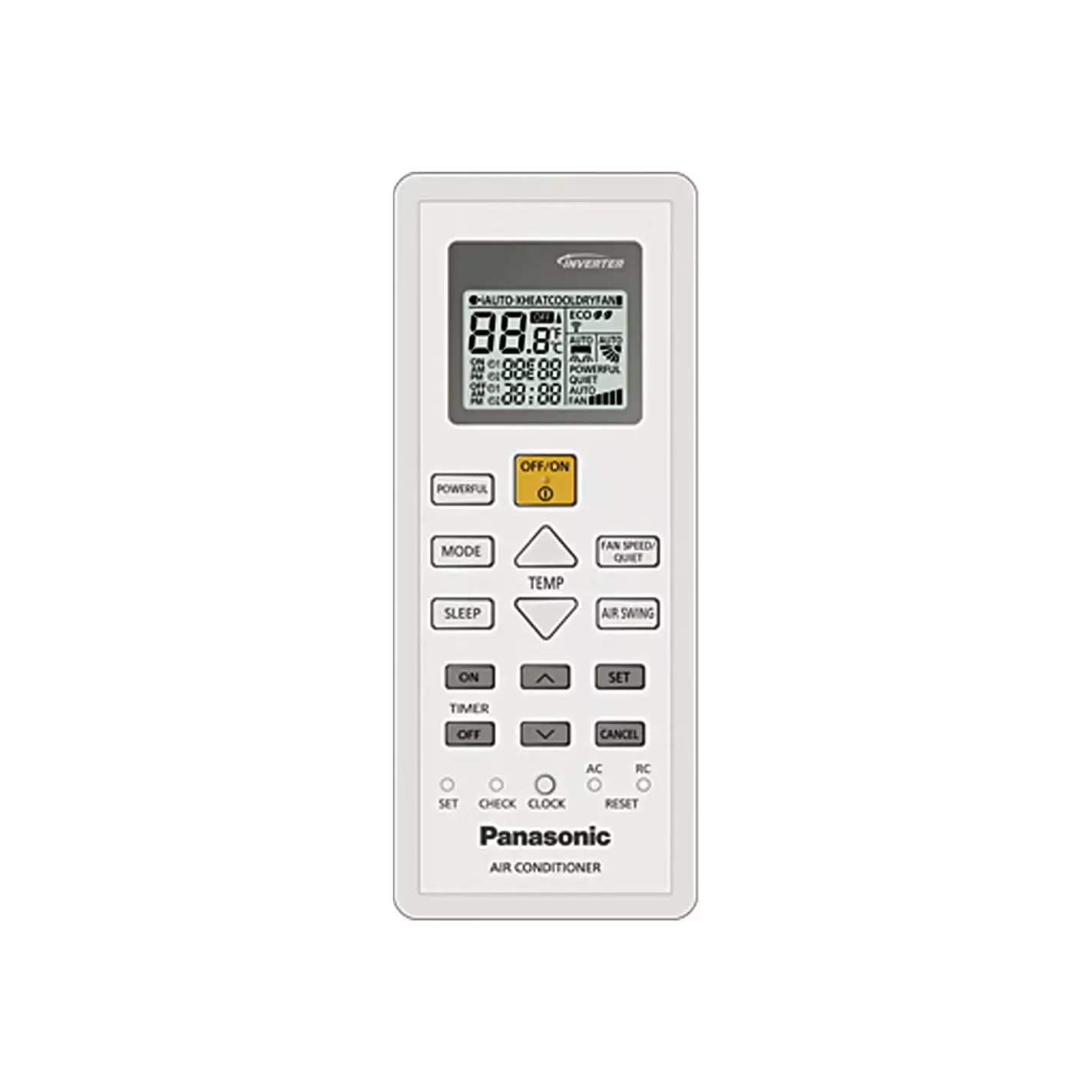 Un telecomando bianco per condizionatore Panasonic. Ha pulsanti per accensione, modalità, temperatura e controllo velocità ventola.
