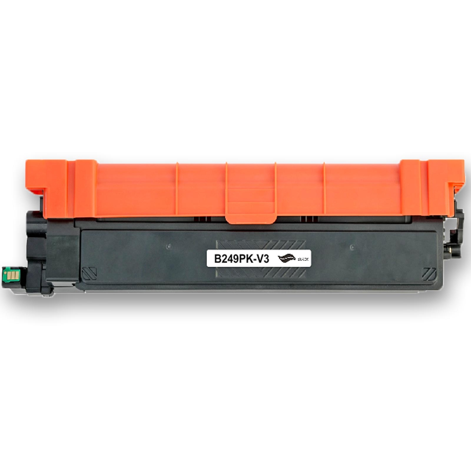 Eine Drucker-Tonerkartusche mit orangefarbenem Oberteil und schwarzer Basis, beschriftet mit B249PK-V3.