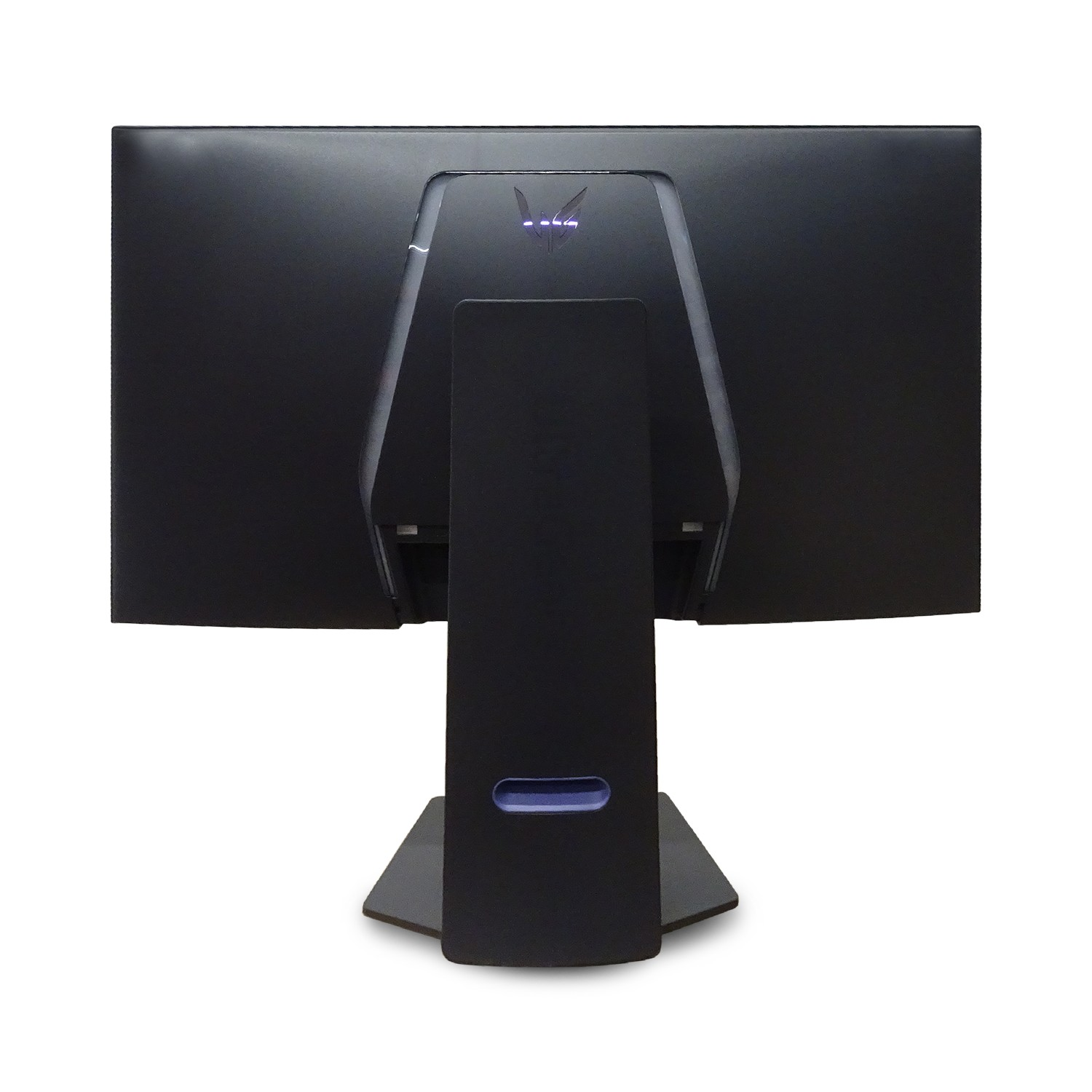 Widok z tyłu czarnego monitora komputera. Podstawa jest również czarna z niebieskim światłem. Logo jest widoczne u góry.