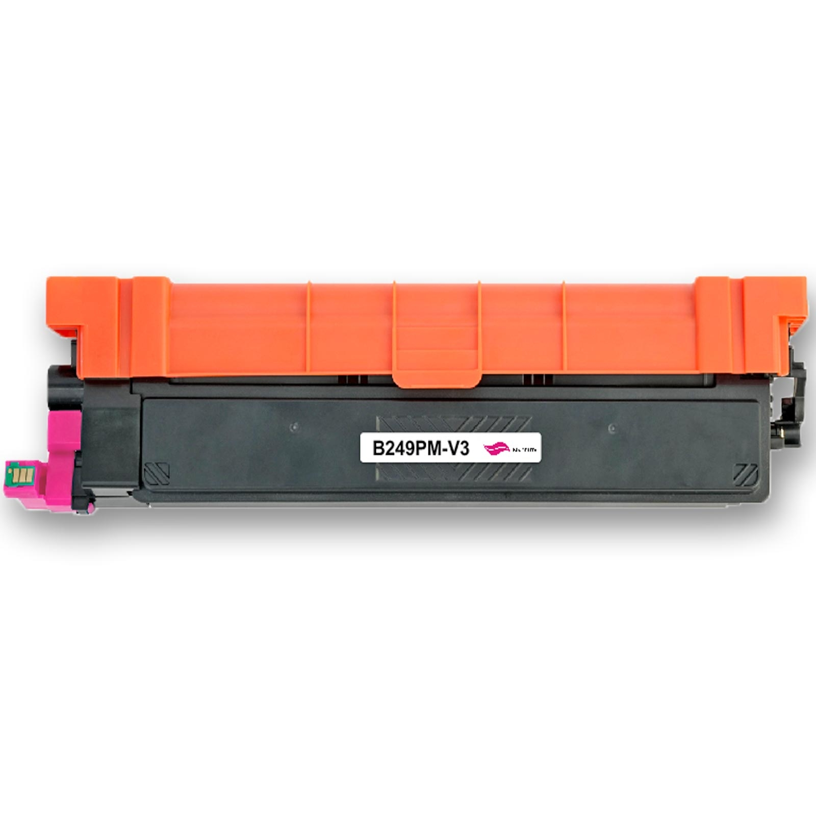 Eine Drucker-Tonerkartusche. Sie ist schwarz und orange. Sie hat eine rosa Komponente an der Seite. Das Etikett lautet B249PM-V3.