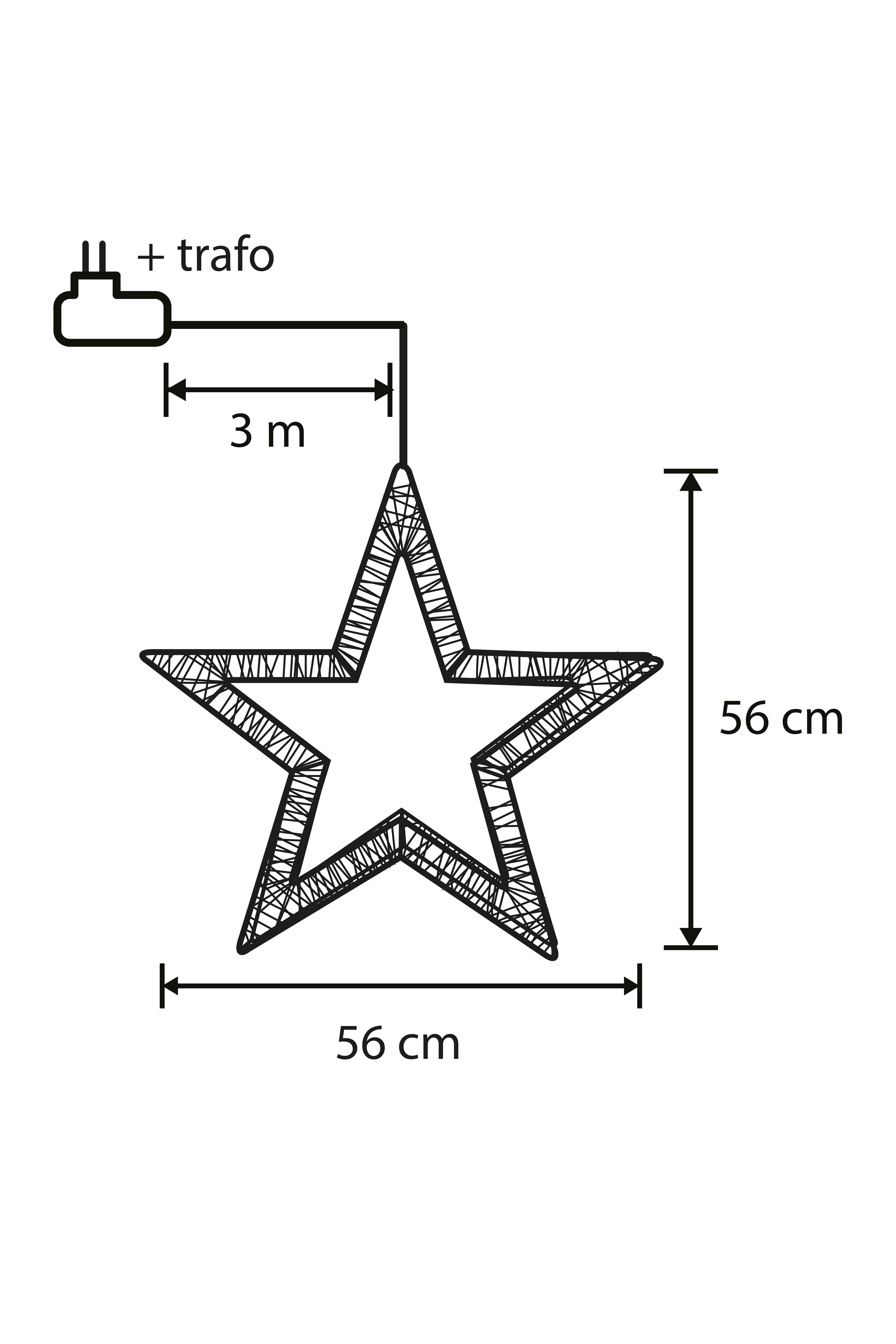 Un schéma d'une lumière en forme d'étoile. Il a une prise, un fil de 3 m et des dimensions de 56 cm.
