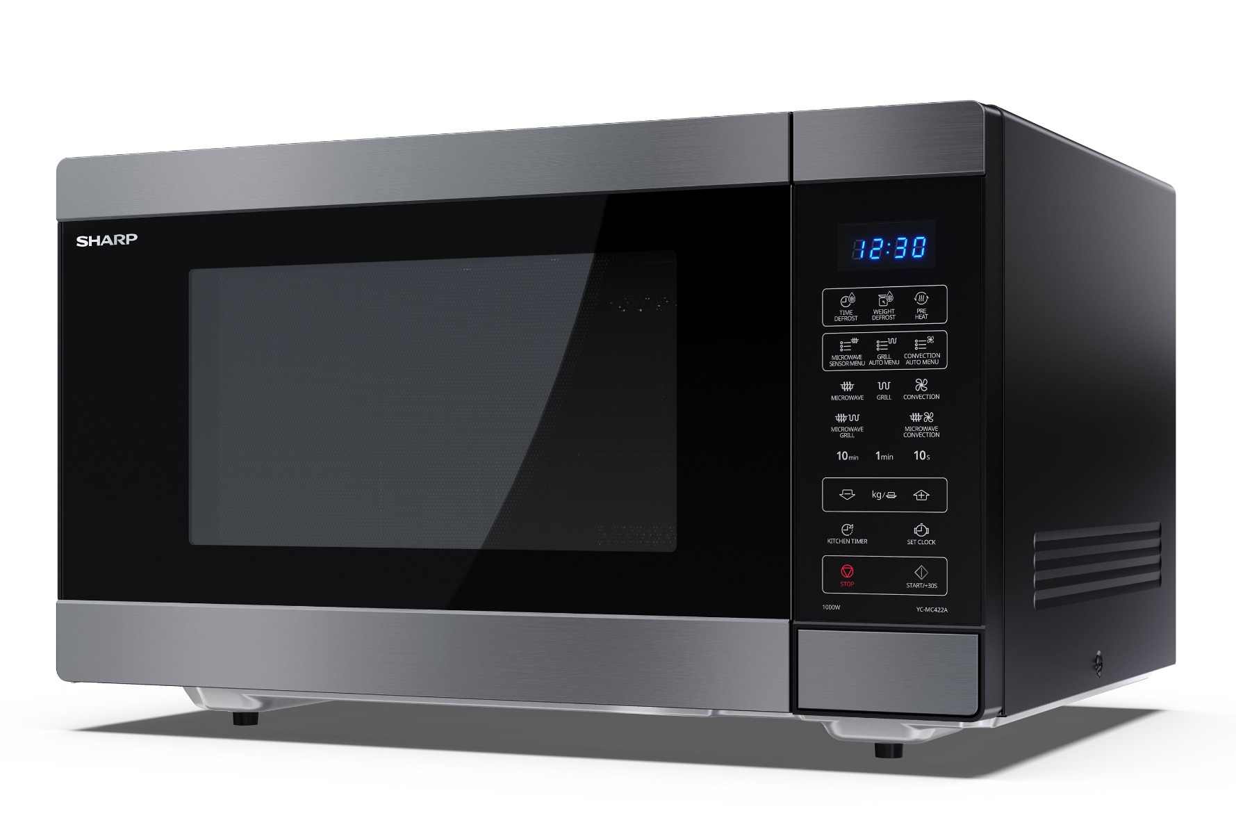 A Sharp microwave oven. It has a black glass door, digital display, and control panel with various settings.