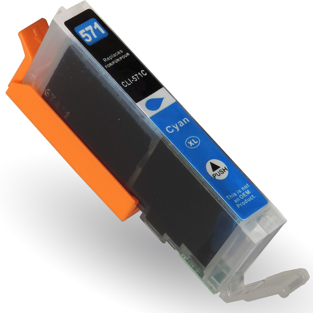 Eine cyanfarbene Tintenpatrone mit der Bezeichnung 571, XL und CLI-571C. Sie befindet sich in einer transparenten Kunststoffhülle mit einem orangefarbenen Halter.