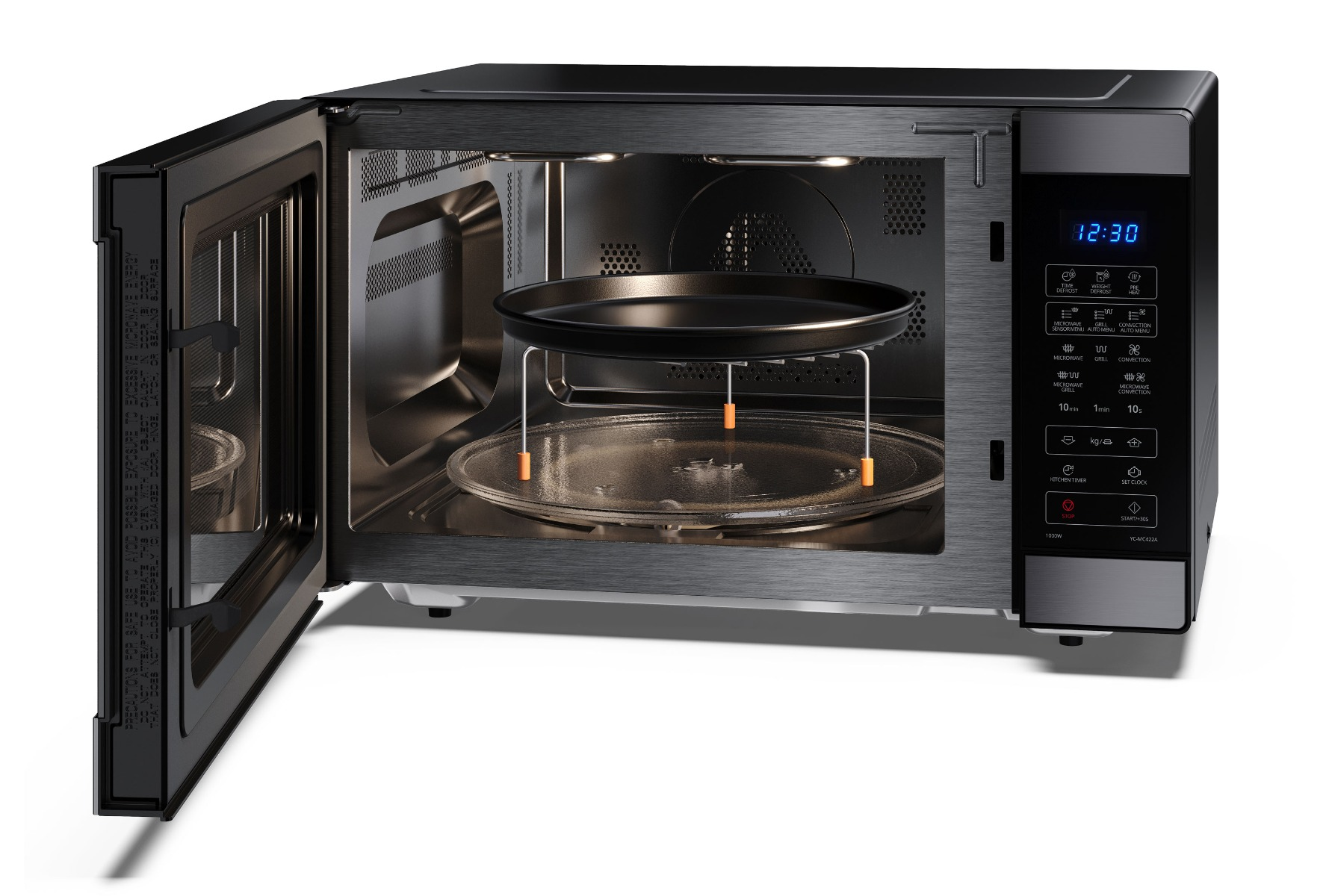 A modern microwave oven with the door open, showing a glass plate, a black tray, and digital display.