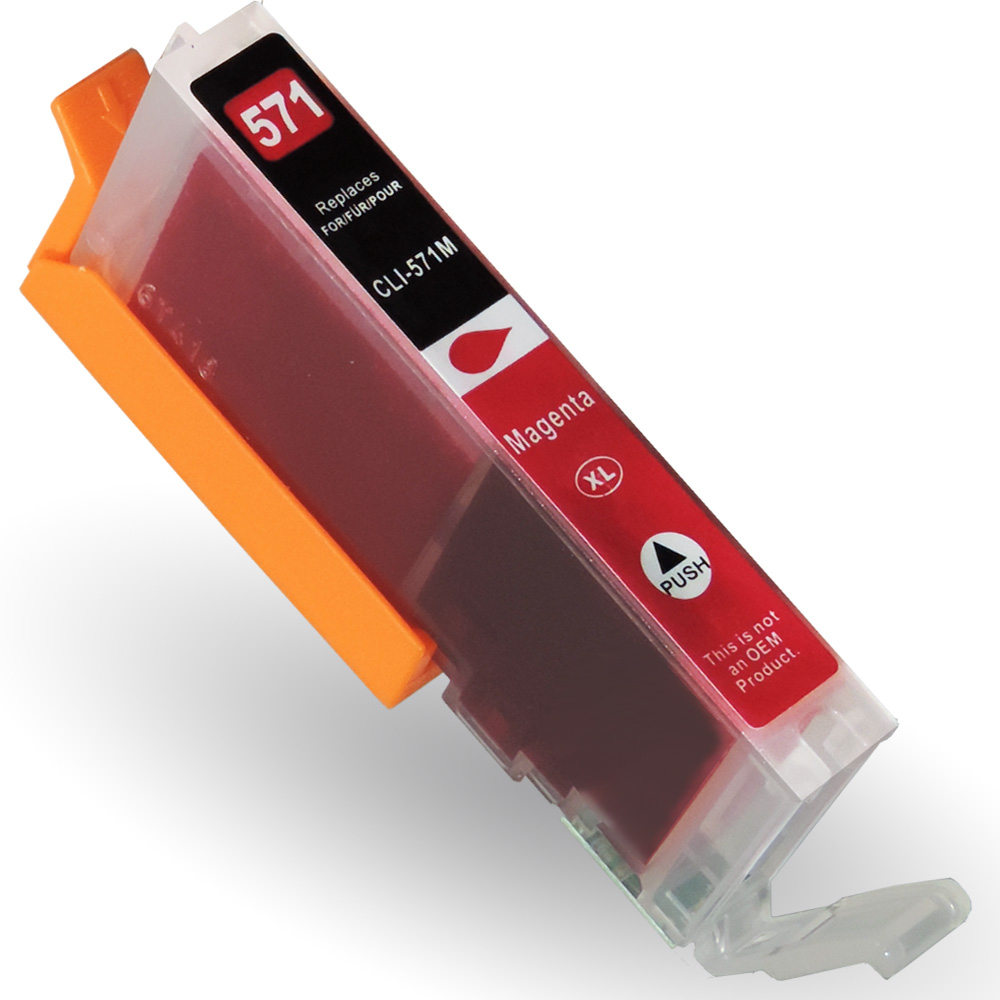 Eine magenta Tintenpatrone mit orangefarbenen und transparenten Kunststoffteilen. Text enthält '571', 'Magenta' und 'PUSH'. Kein OEM-Produkt.