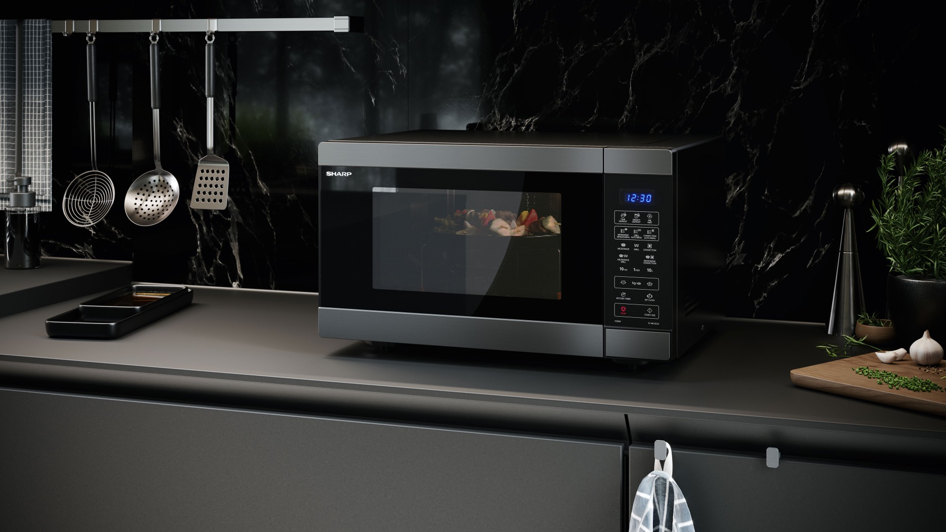 A modern kitchen scene features a microwave, utensils, and a marble backsplash. Ingredients are on the counter.