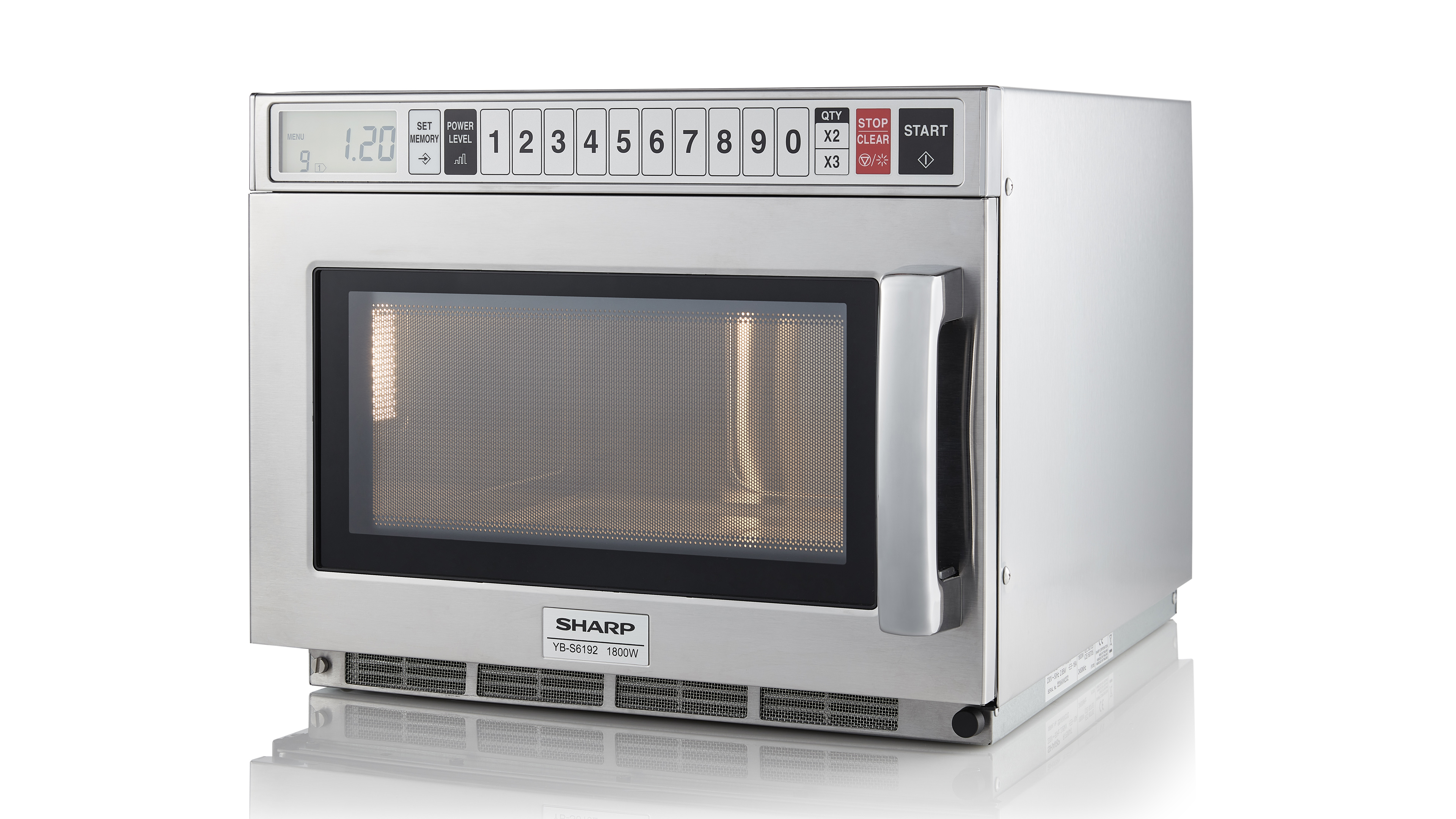 A stainless steel Sharp microwave oven. It has a digital display, number buttons, a handle, and a glass door.