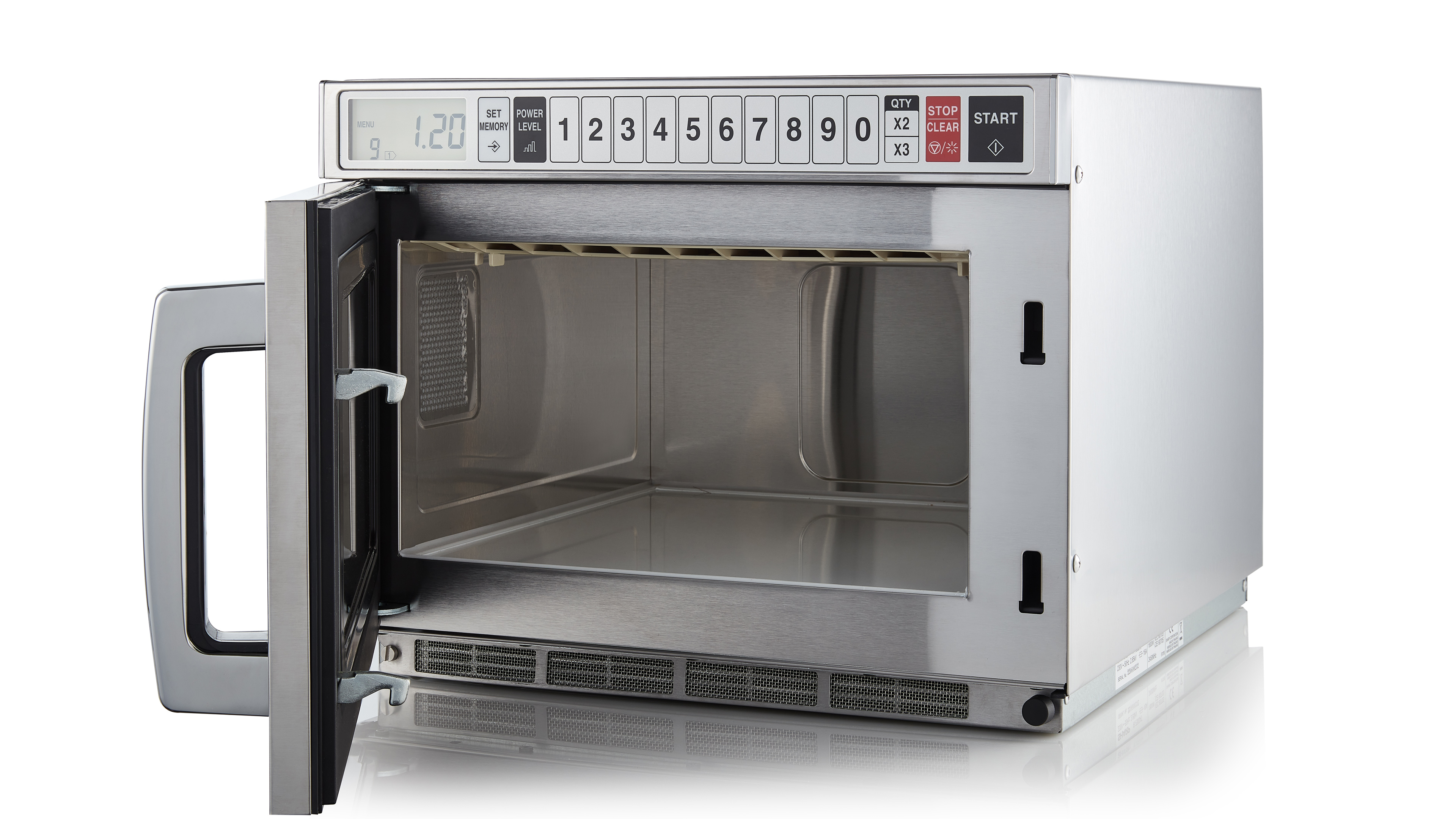 A commercial microwave oven with its door open. It has a digital display and numbered buttons.
