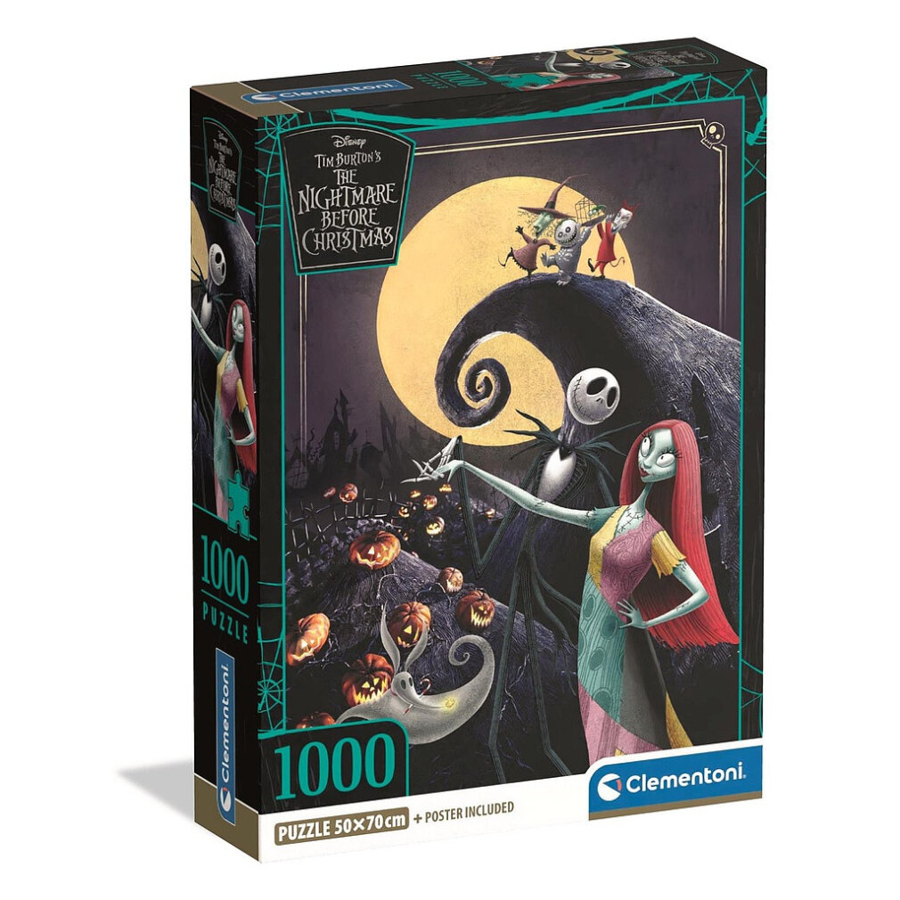 Pudełko z puzzlami The Nightmare Before Christmas. Jack i Sally stoją przed księżycem, otoczeni dyniami i duchami.