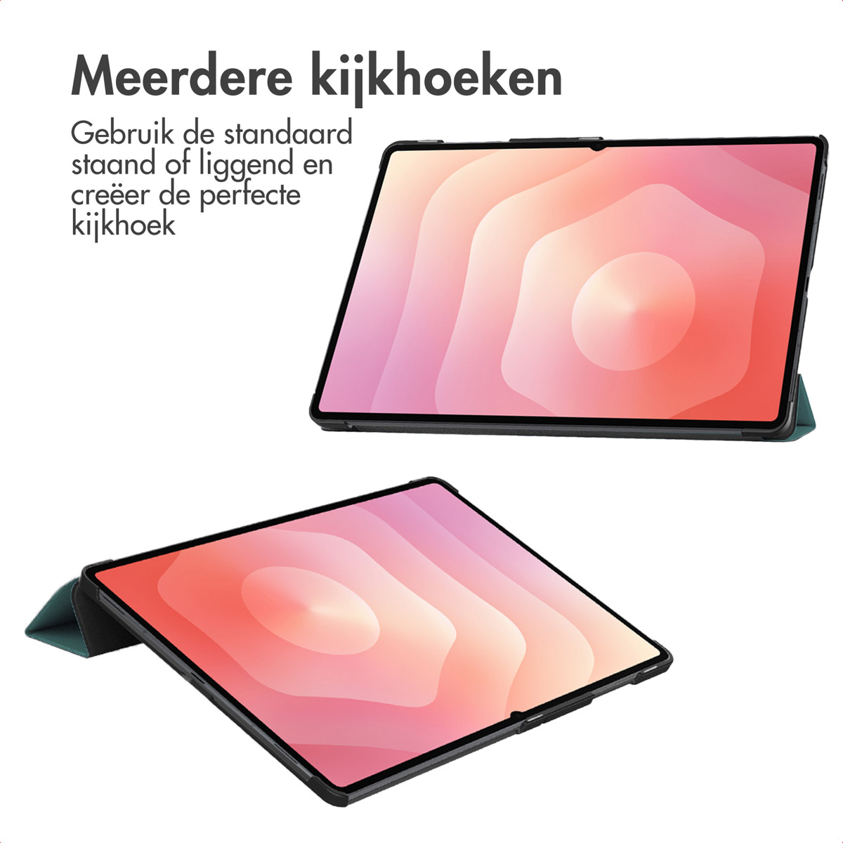 Two tablets with pink and white gradient screens. One angled, one flat. Text in Dutch: Multiple viewing angles.