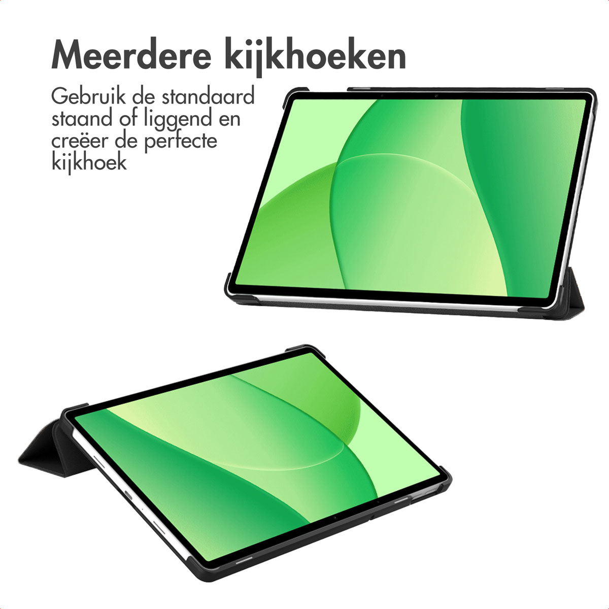 Two tablets with green screens are shown. One is angled up, the other is angled down. Text in Dutch at the top.
