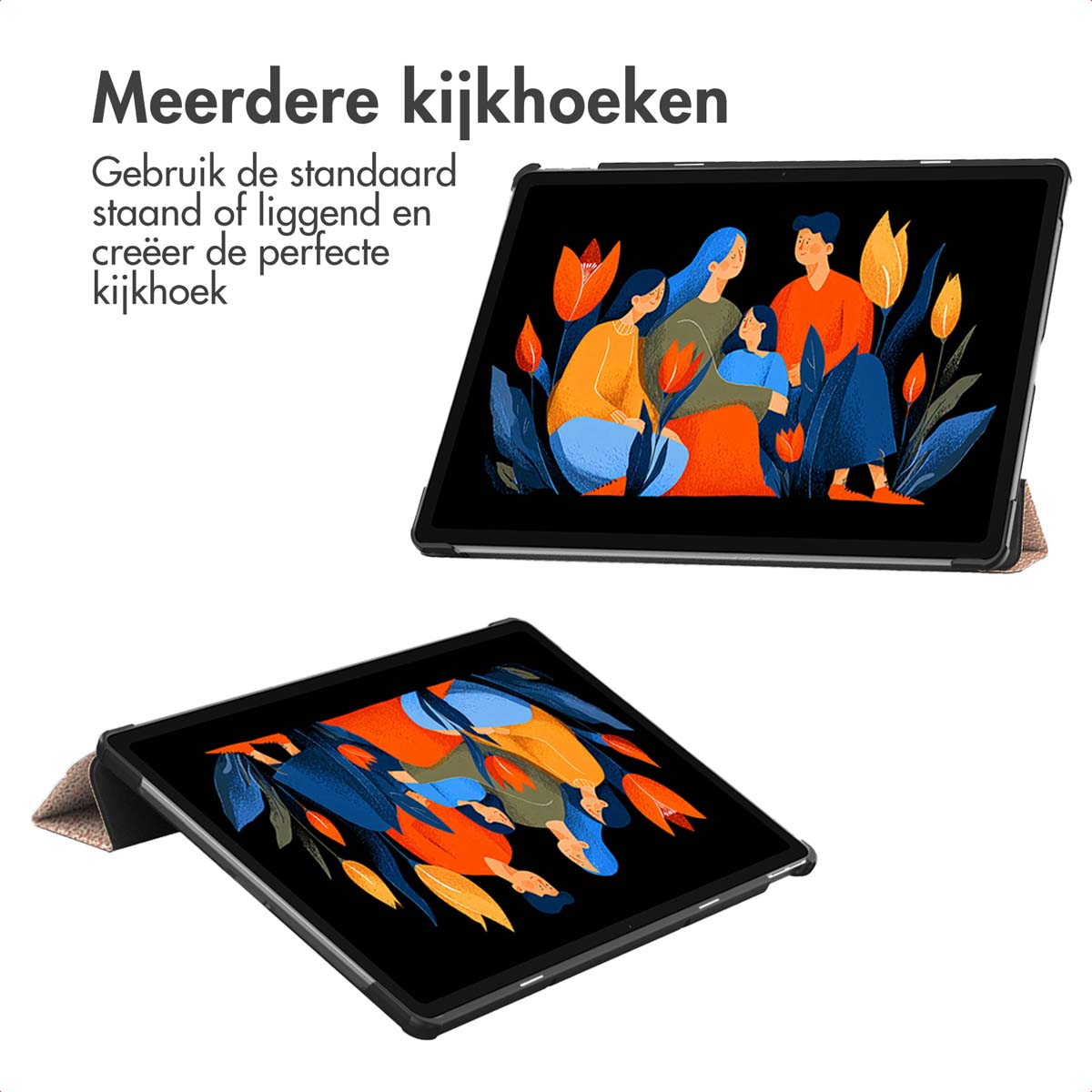 Two tablets show a family illustration. The top tablet is propped up, the bottom one is flat. Text above reads 'Multiple viewing angles'.