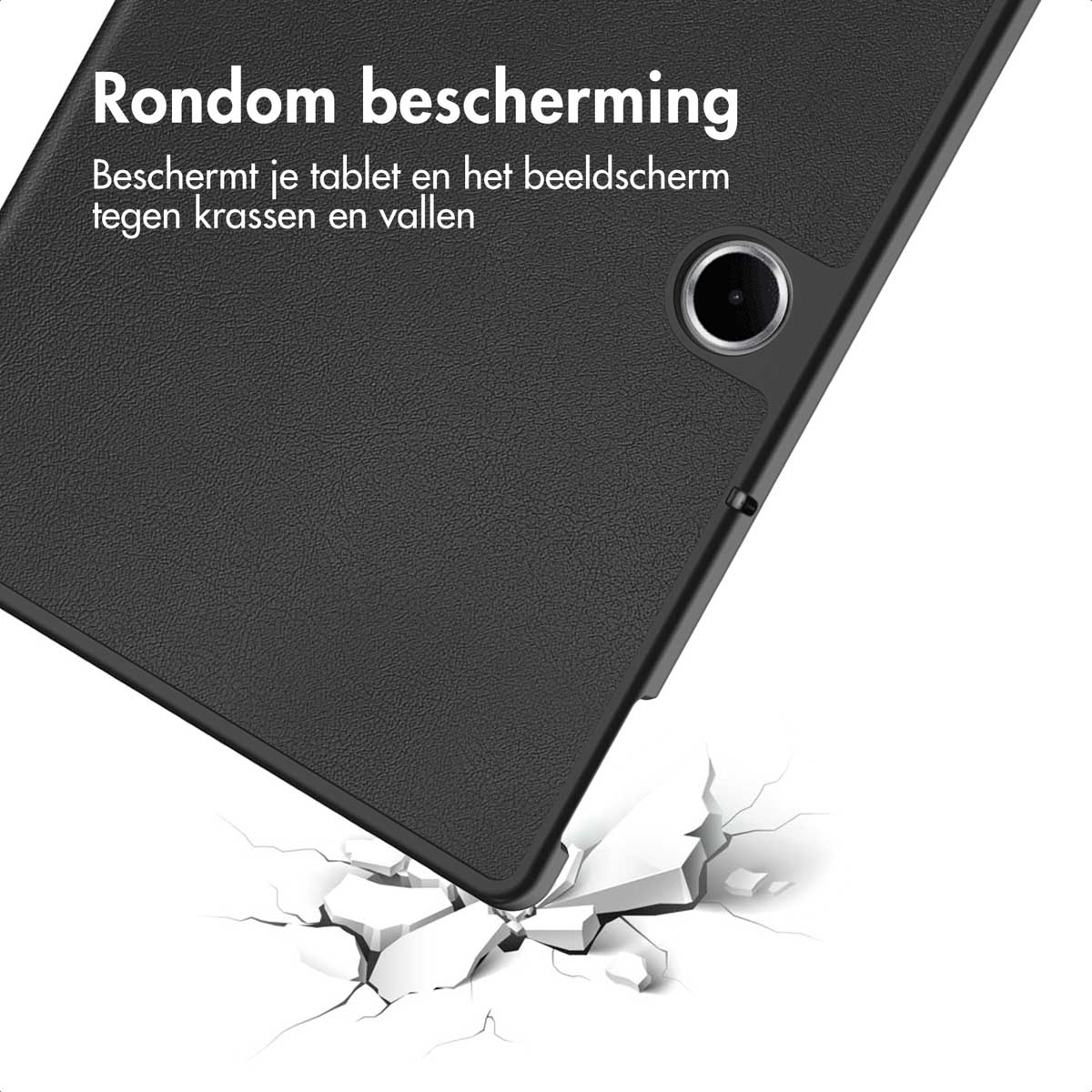 Black tablet case in impact test. Text: 'Rondom bescherming'. White background with cracks.