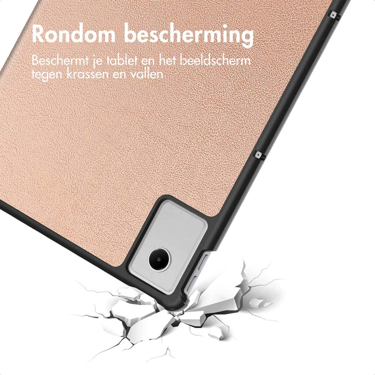 Tablet case angled, touching a cracked surface. Text says 'Rondom bescherming'. Beige case and black frame. White background.
