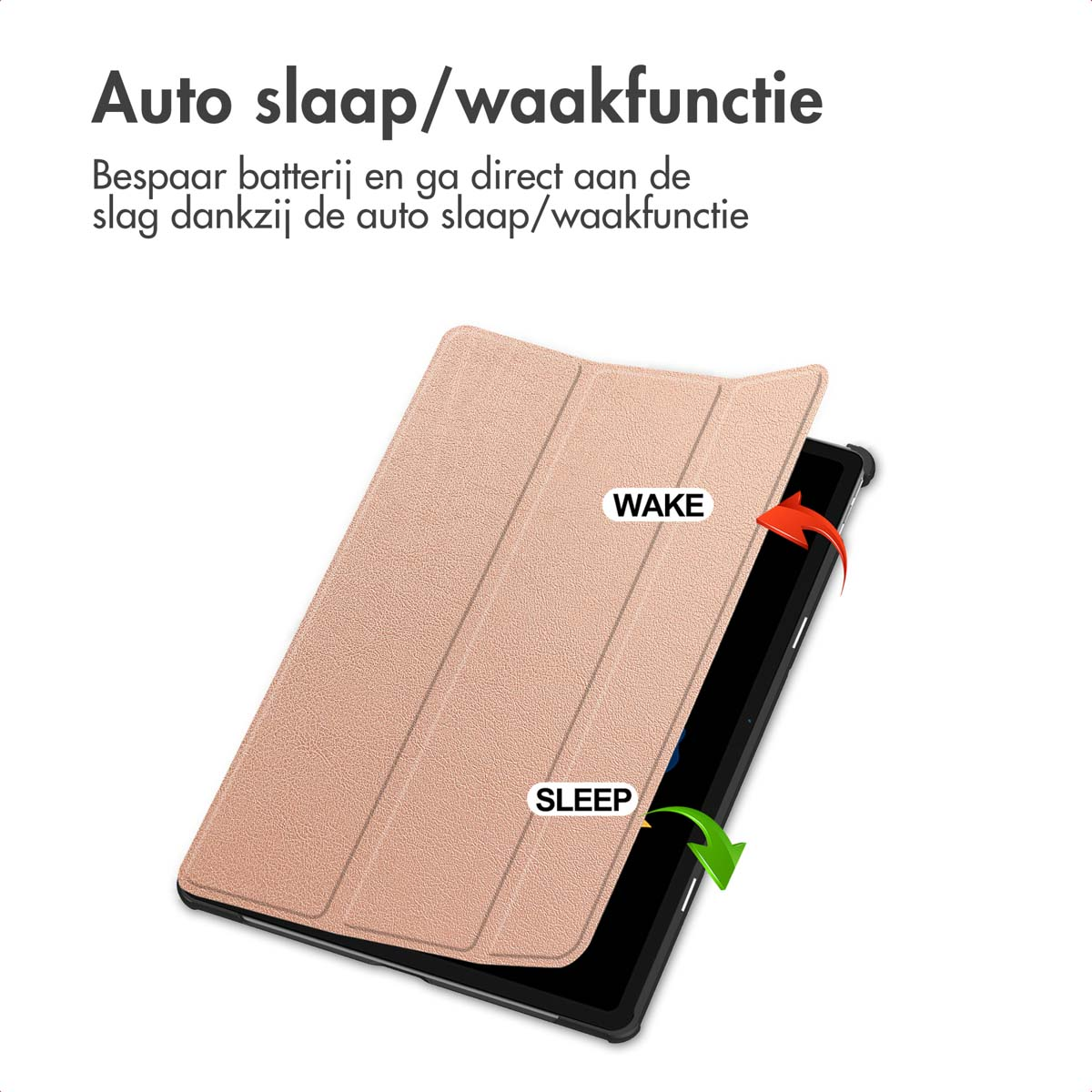 A tablet with a pink cover is shown. The cover is open, displaying the tablet screen. Arrows indicate wake and sleep functions.