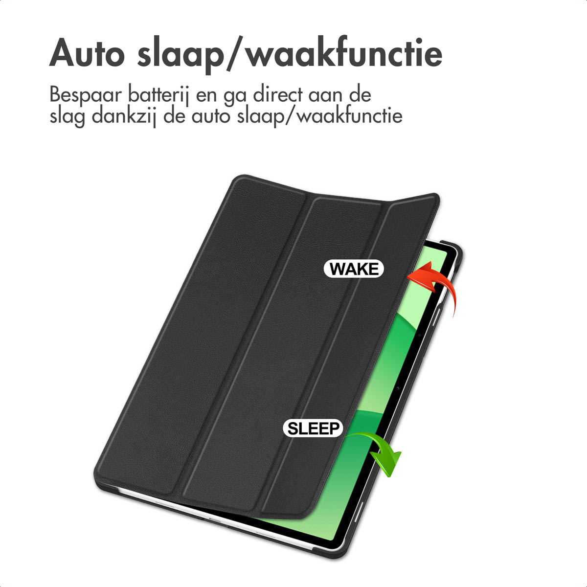 A tablet with a black cover, labeled 'SLEEP' and 'WAKE'. Arrows indicate the open/close function. Text at top: Auto sleep/wake function.