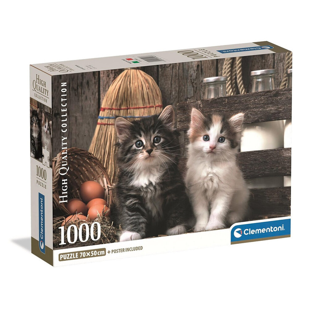 Pudełko z puzzlami z dwoma kociętami, jajkami i miotłą. Na pudełku znajduje się logo Clementoni i napis '1000 puzzle'.