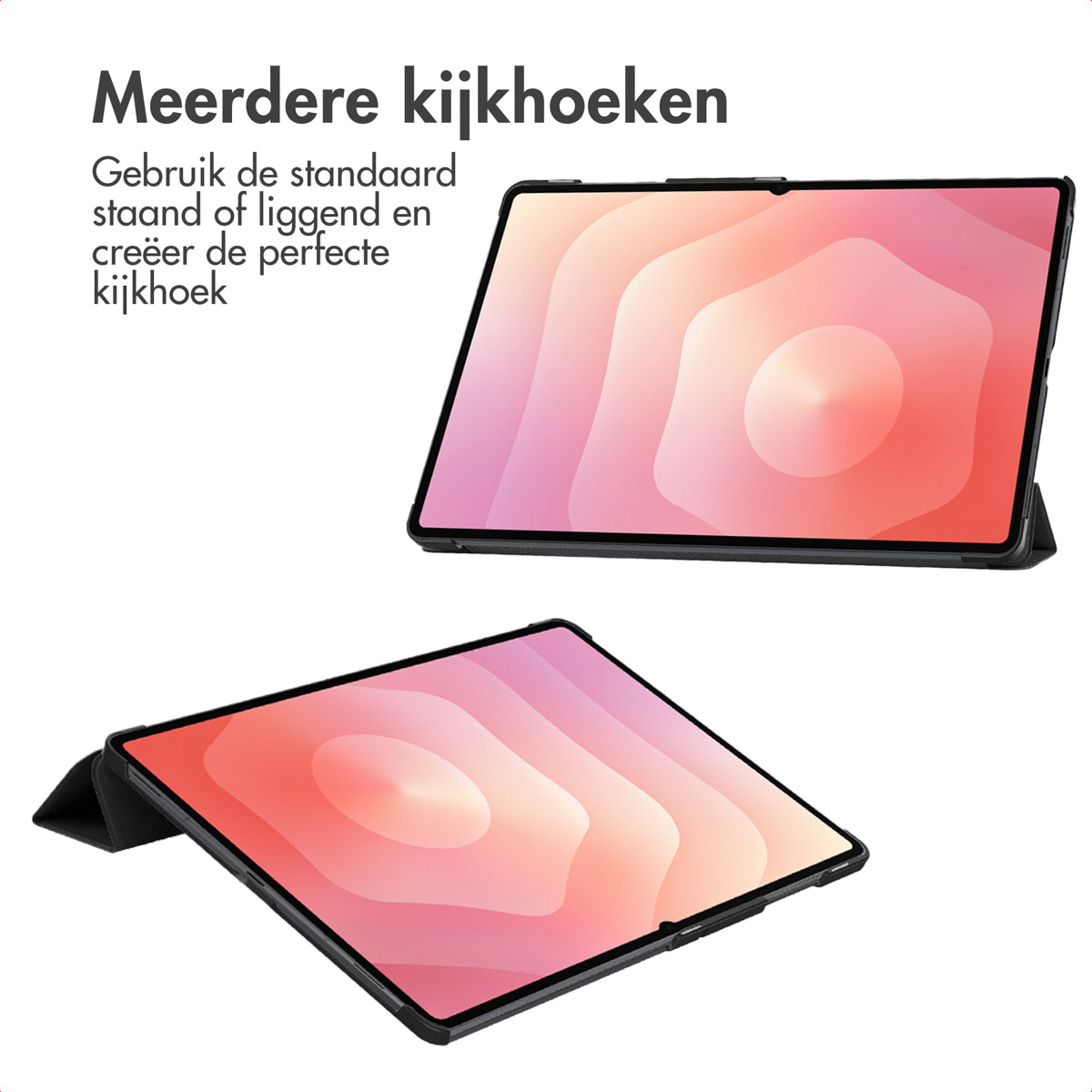 Two tablets with black frames are displayed. The screens show a gradient of pink and orange. The top tablet is angled, the bottom one is flat.