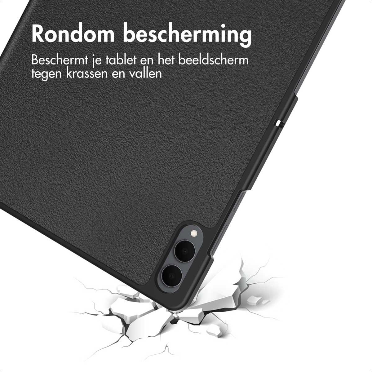 Black tablet case protecting a device. The case appears to be impact-resistant, with shattered ground beneath.