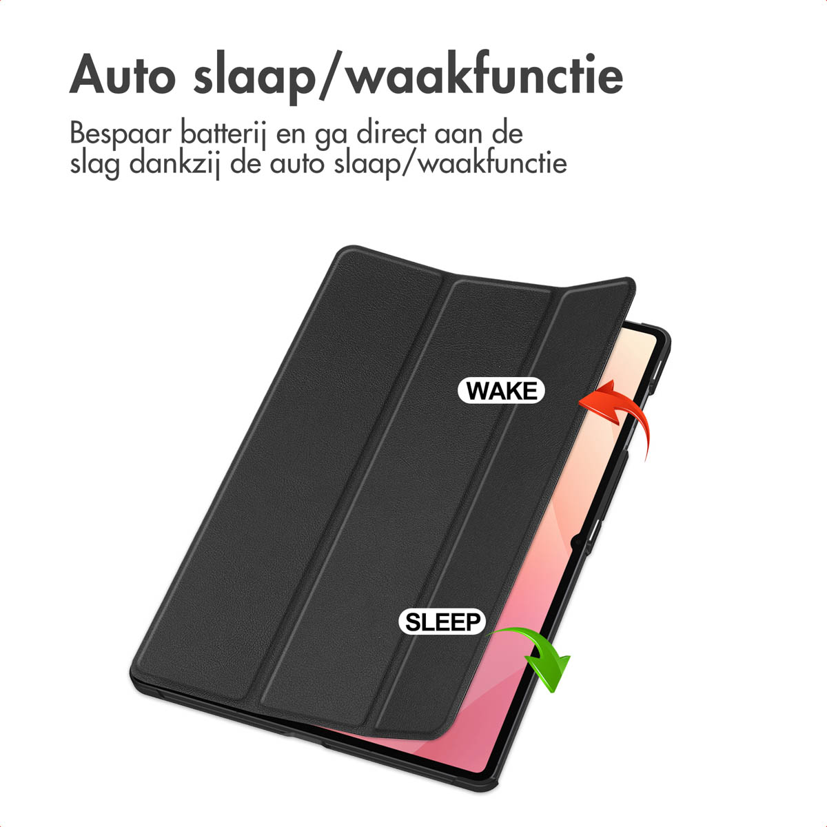 Black tablet case with 'WAKE' and 'SLEEP' labels. Red arrow indicates wake, green arrow indicates sleep. Text about auto sleep/wake function.