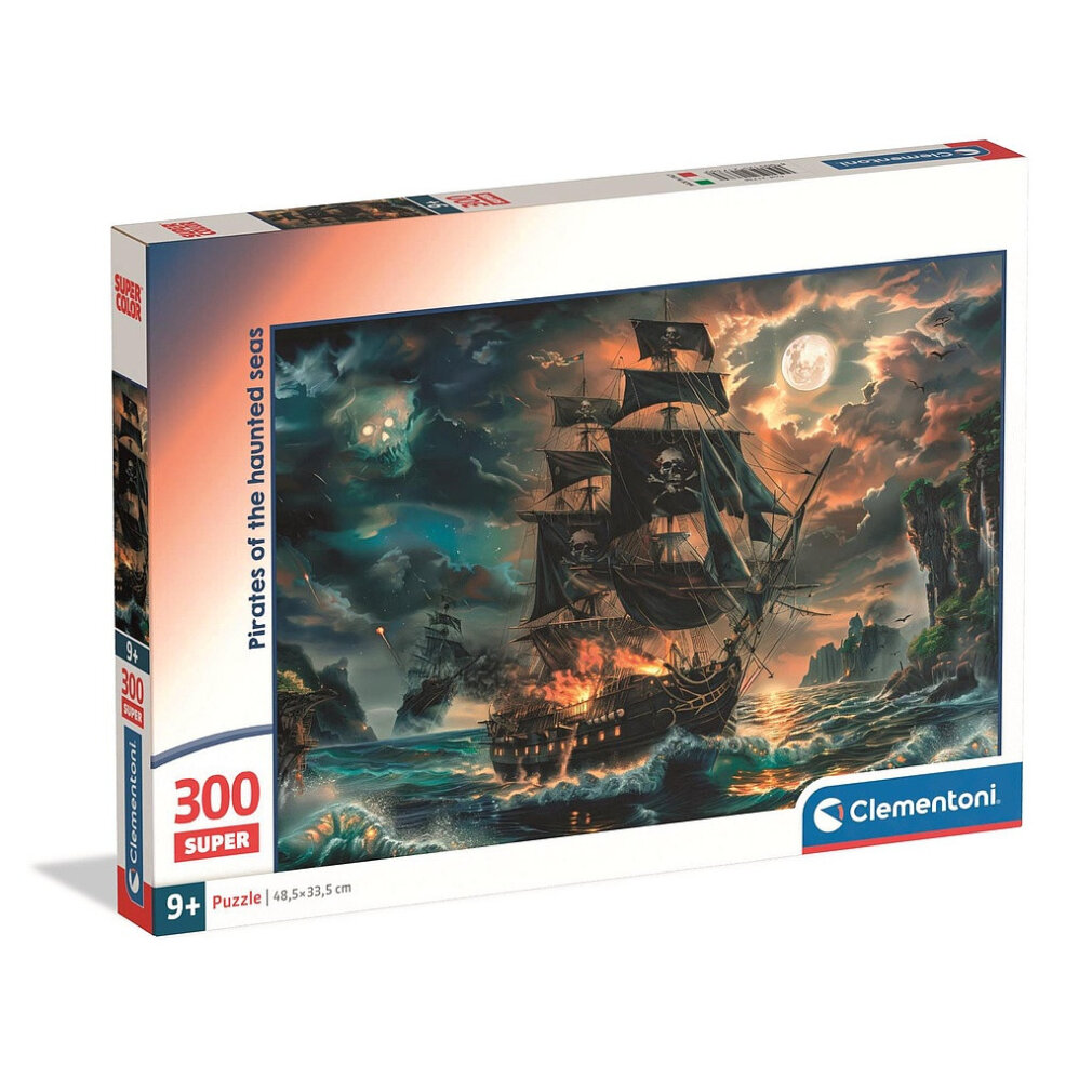Un barco pirata en llamas, bandera de calavera, luna llena, mar tormentoso y caja de rompecabezas con 'Pirates of the haunted seas'.