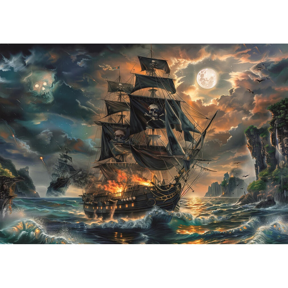 Un barco pirata en llamas navega bajo la luna llena. Banderas de calaveras ondean. Una calavera fantasmal flota en las nubes. Acantilados rodean.