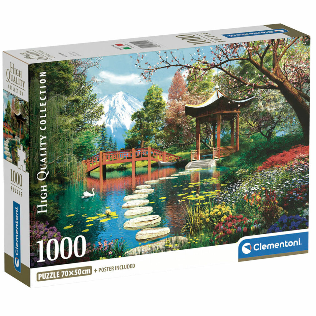 Puzzeldoos met een Japanse tuin. Met rode brug, prieel, vijver met stapstenen en besneeuwde berg.