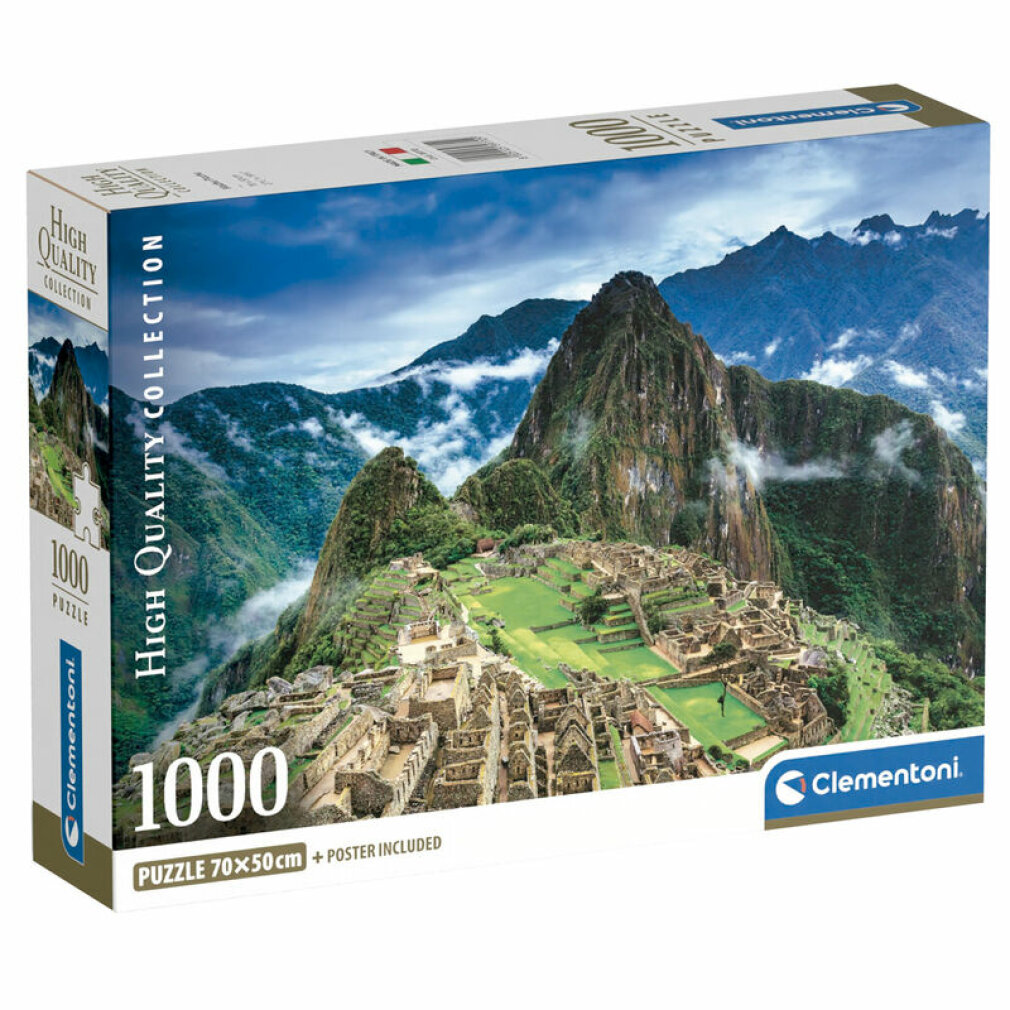 Caja de rompecabezas de Machu Picchu. La caja presenta la icónica ciudad de montaña, colinas verdes y cielo azul con nubes. Logotipo de Clementoni visible.