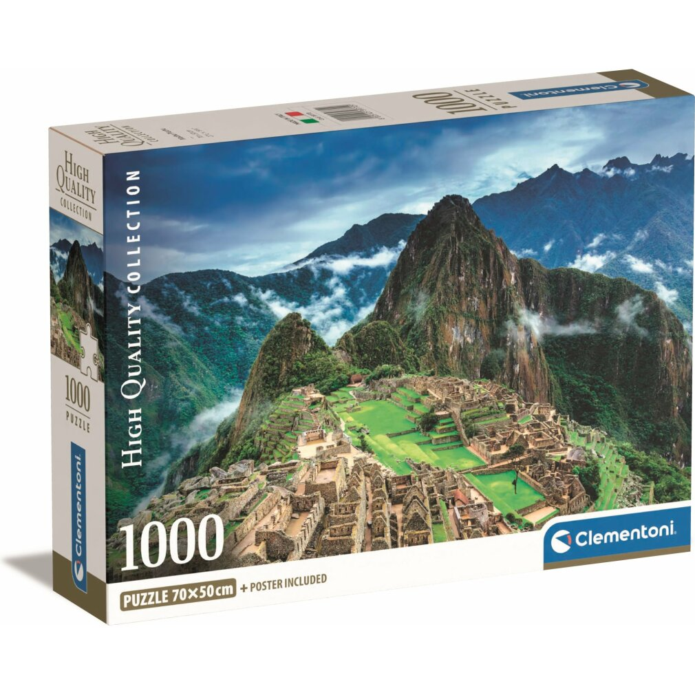 Caja de rompecabezas muestra Machu Picchu. Terrazas verdes, edificios de piedra y montañas llenan la escena. Cielo azul con nubes y logo 'Clementoni'.