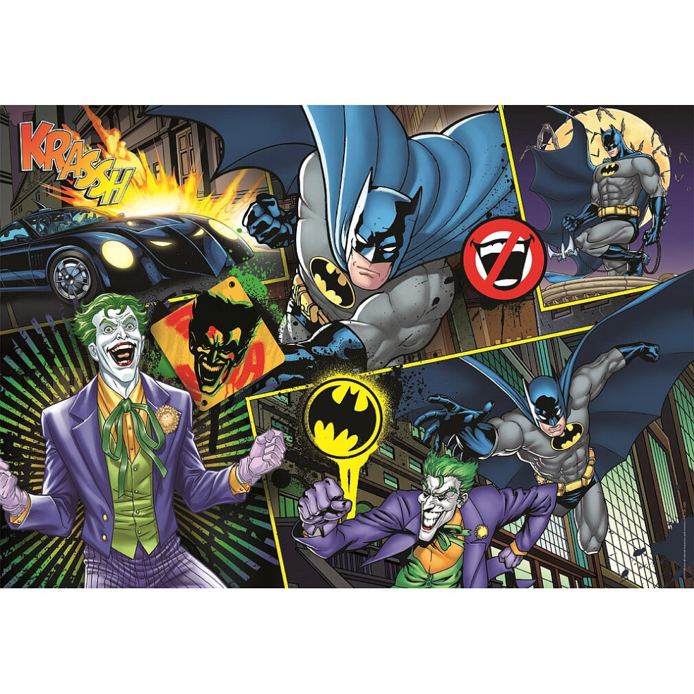 Panel de bande dessinée avec Batman et le Joker. Batman en action, Batmobile, Joker riant et logo Batman. Composition colorée et dynamique.