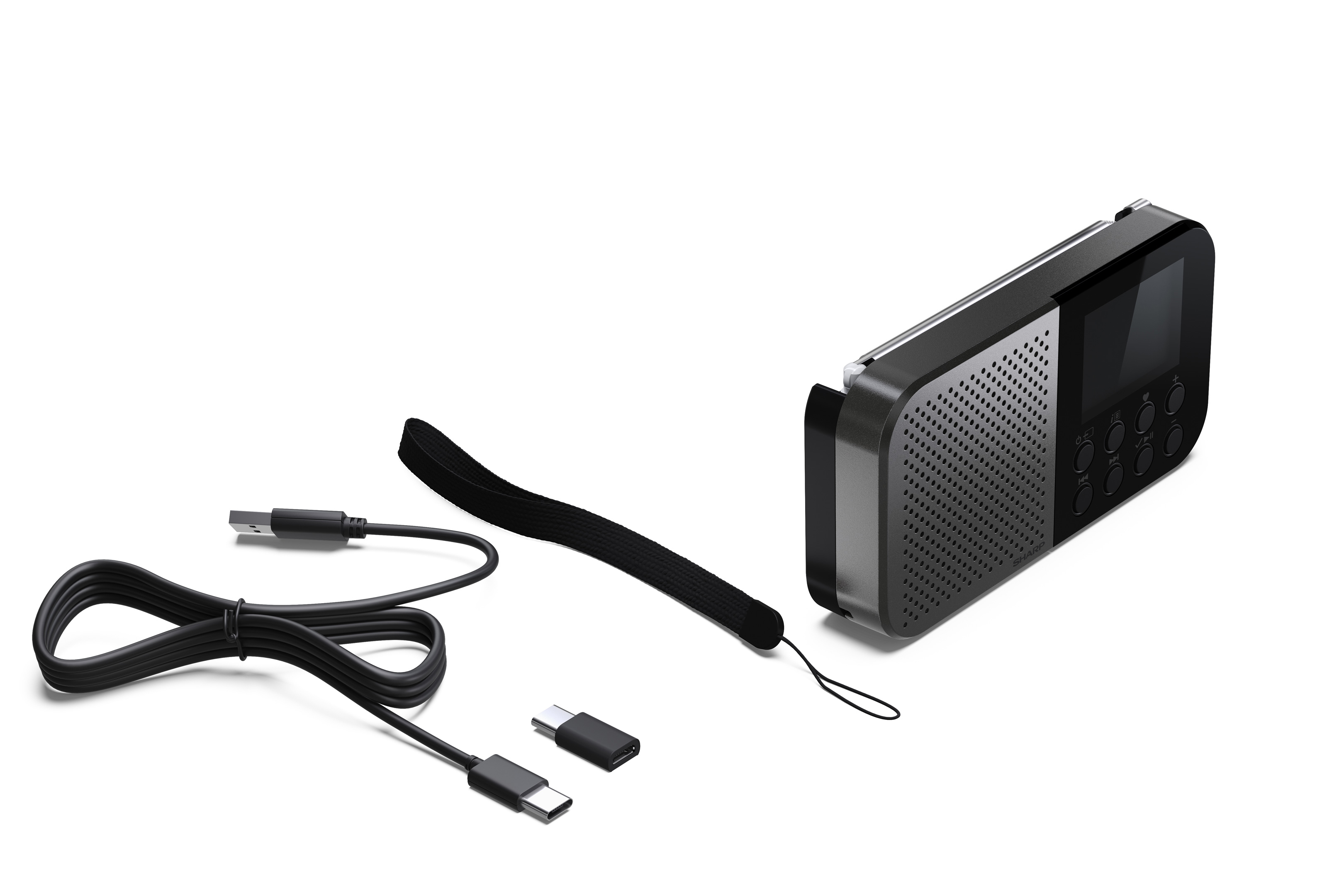 Een zwarte radio met zwarte kabels en een band. Alles op een witte achtergrond. Kabels en connectoren zijn zichtbaar.