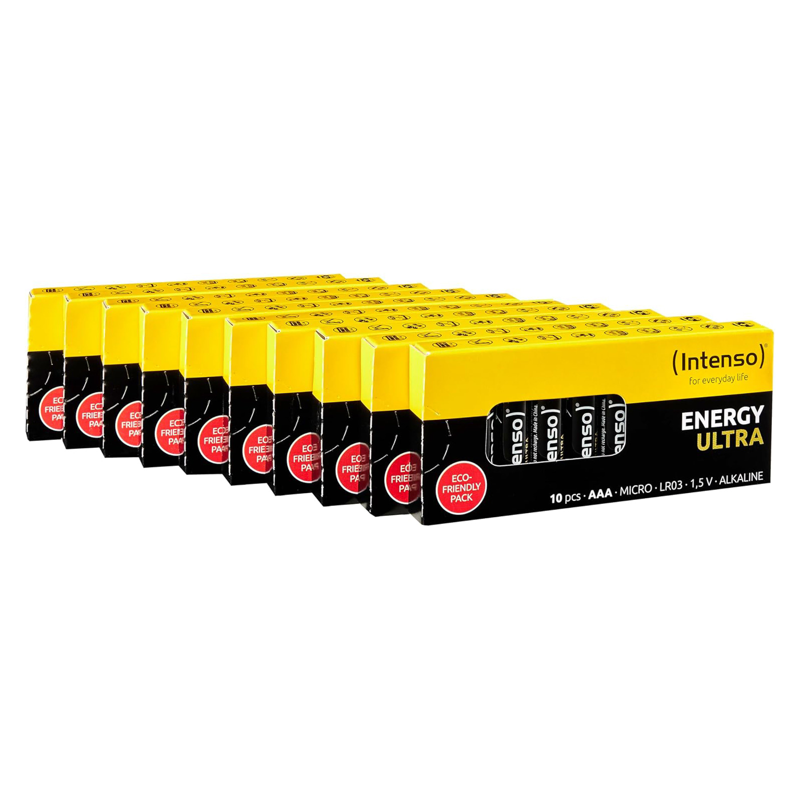 Diverse scatole di batterie Intenso Energy Ultra, confezione gialla e nera, impilate e disposte su una superficie bianca.