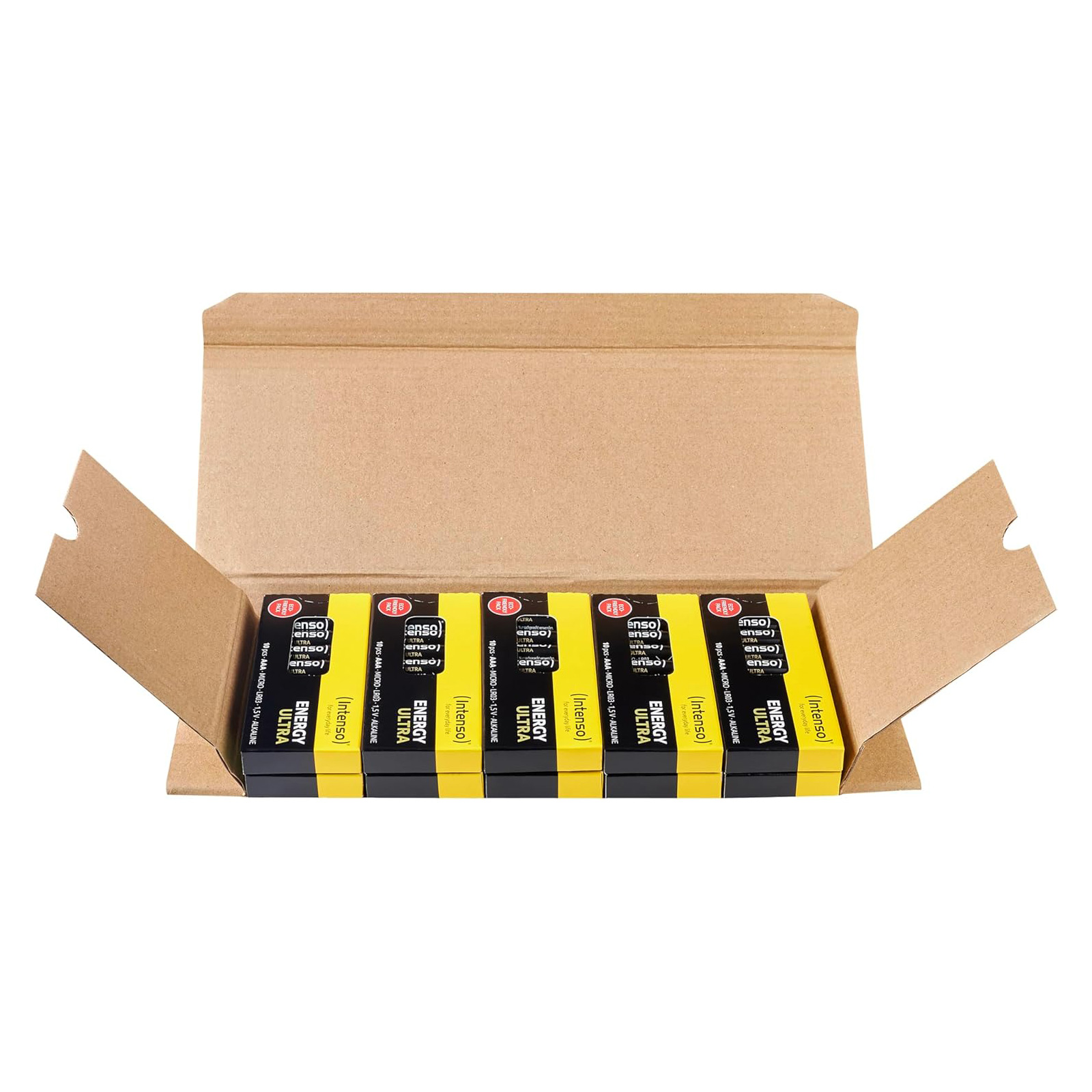 Scatola di cartone aperta con batterie nere e gialle. Scritto 'Energy Ultra'.