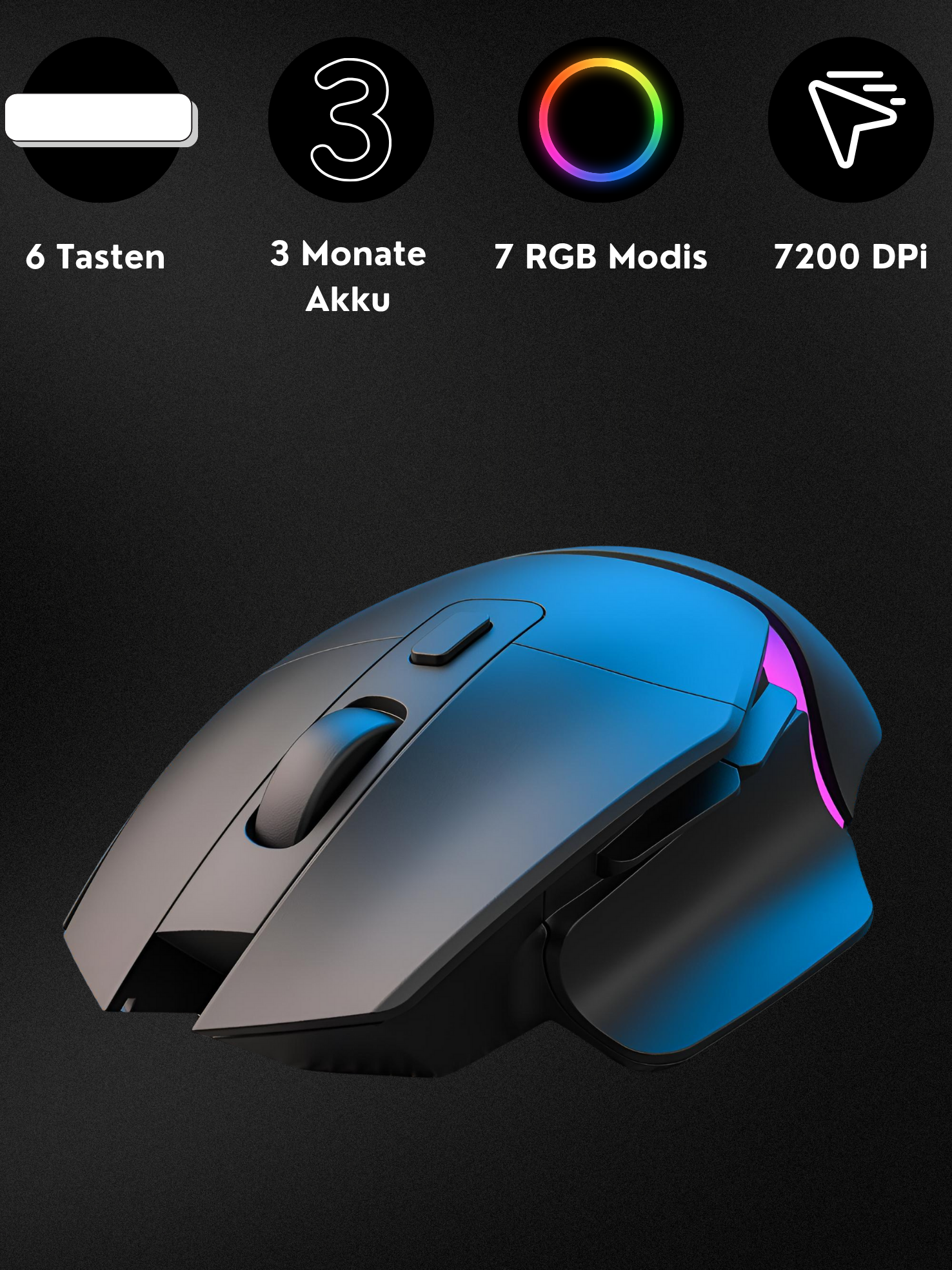 Eine schwarz-blaue Gaming-Maus mit Symbolen, die Funktionen anzeigen: 6 Tasten, 3 Monate Akku, 7 RGB-Modi und 7200 DPI.