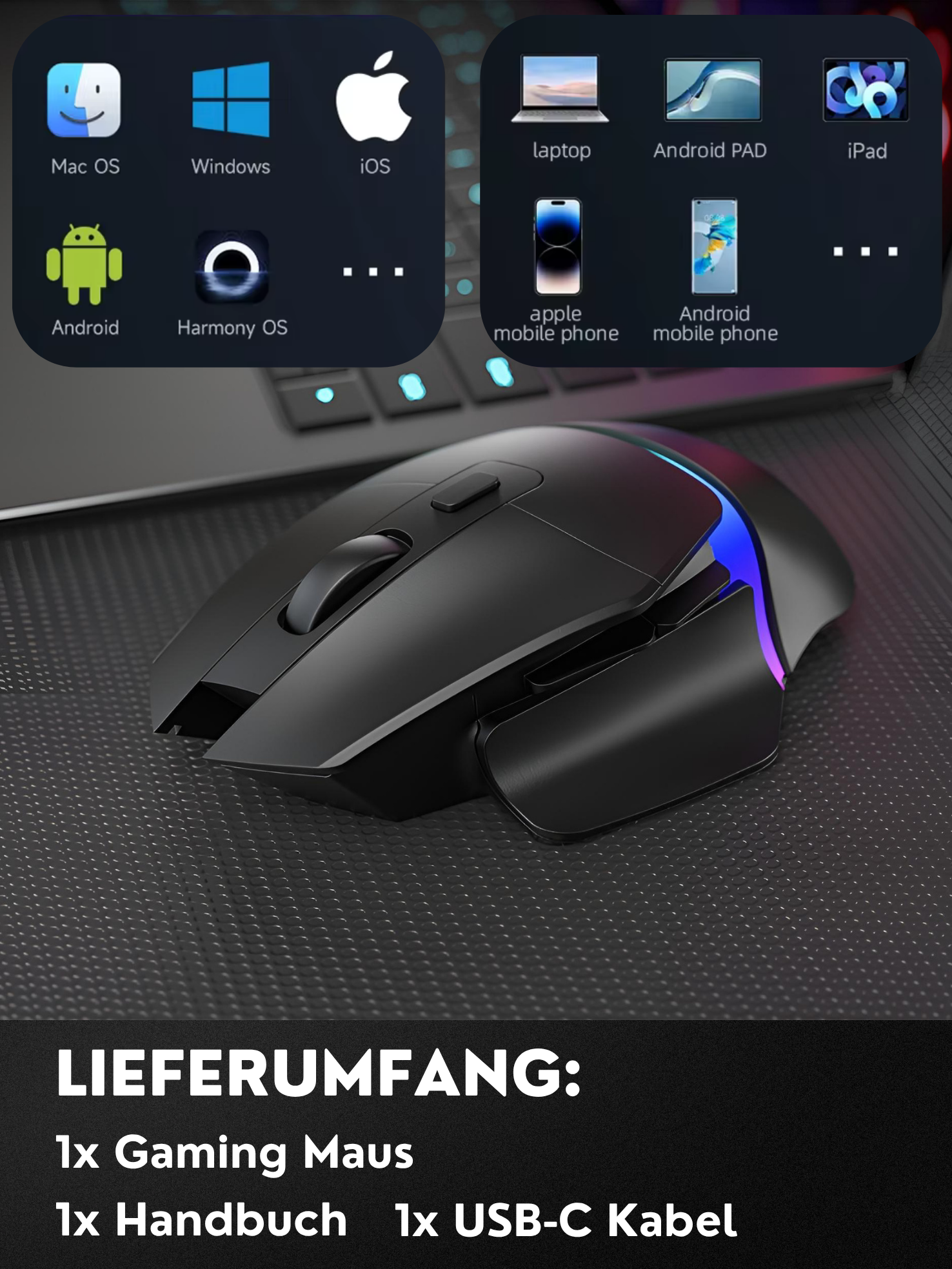 Schwarze Gaming-Maus mit blau/lila LED, auf strukturierter Oberfläche, mit App-Symbolen und Zubehör unten.