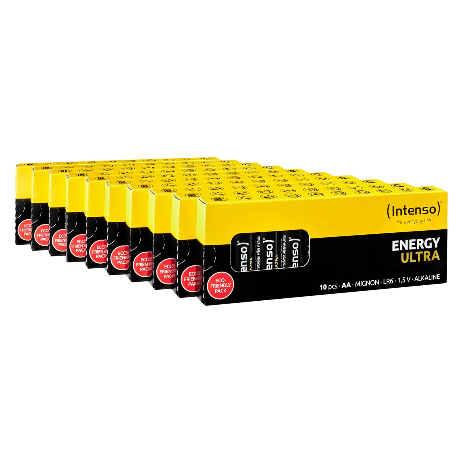 Mehrere Schachteln Intenso Energy Ultra Batterien sind gestapelt. Gelbe und schwarze Verpackung ist sichtbar, mit Text und Logo.