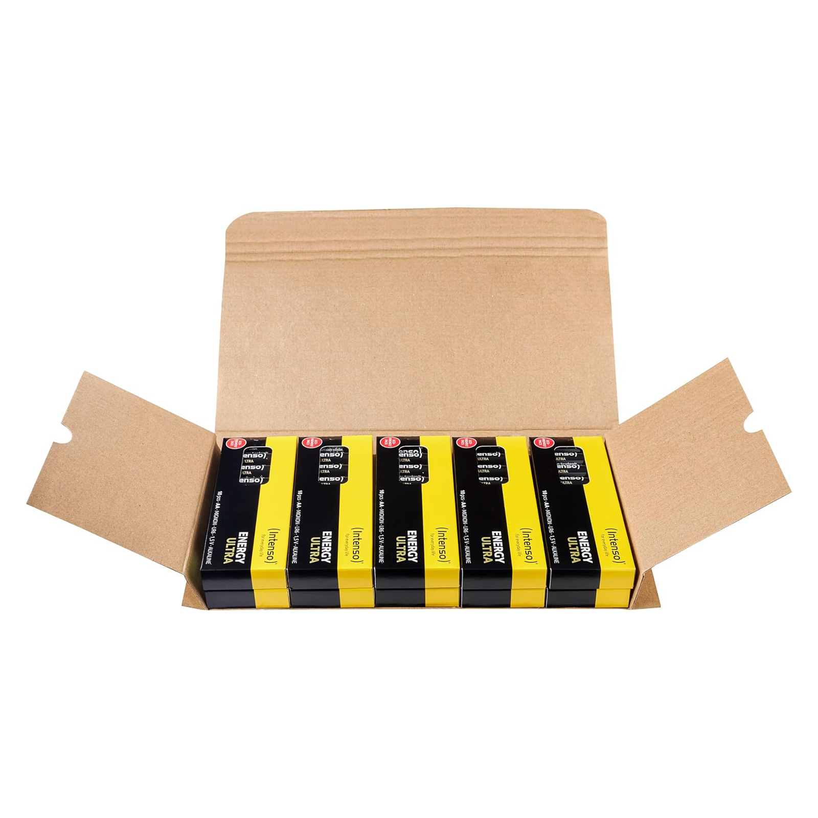Offene Pappschachtel mit sechs Packungen gelb-schwarzer Batterien. Jede Packung hat den Markennamen und Details.