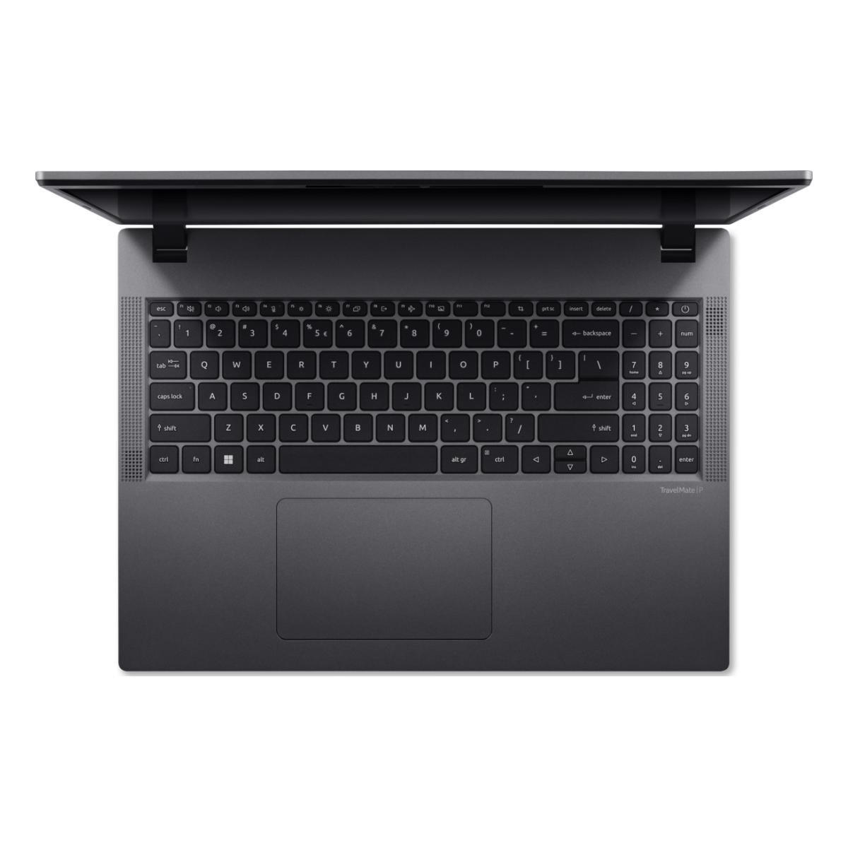 Draufsicht auf einen dunkelgrauen Laptop mit geöffnetem Bildschirm. Tastatur und Touchpad sind sichtbar, isoliert auf weißem Hintergrund.