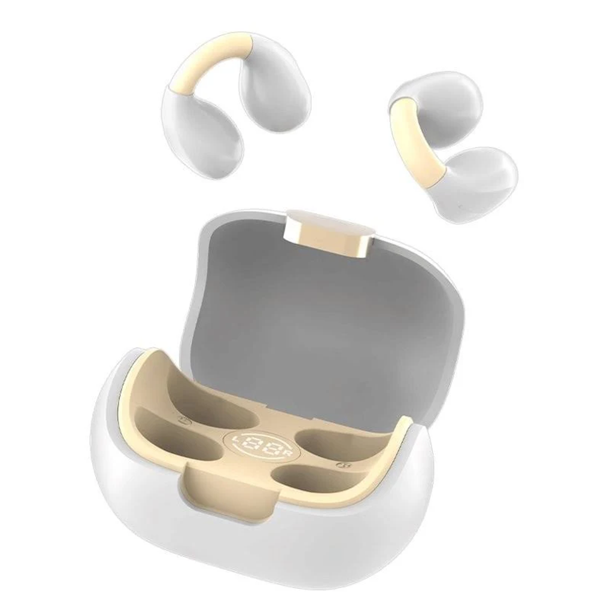 Estuche de auriculares blanco y beige con dos auriculares separados. El estuche está abierto y los auriculares flotan encima.