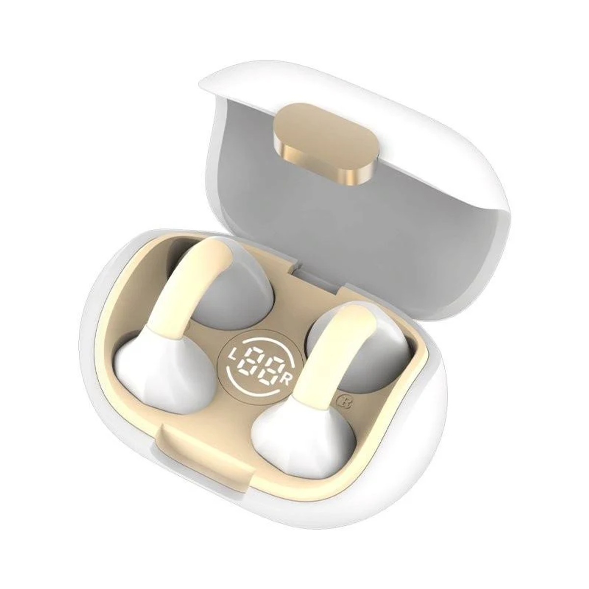Estuche de auriculares blanco y beige abierto con dos auriculares. Pantalla digital muestra '88'. El estuche tiene un acento dorado.