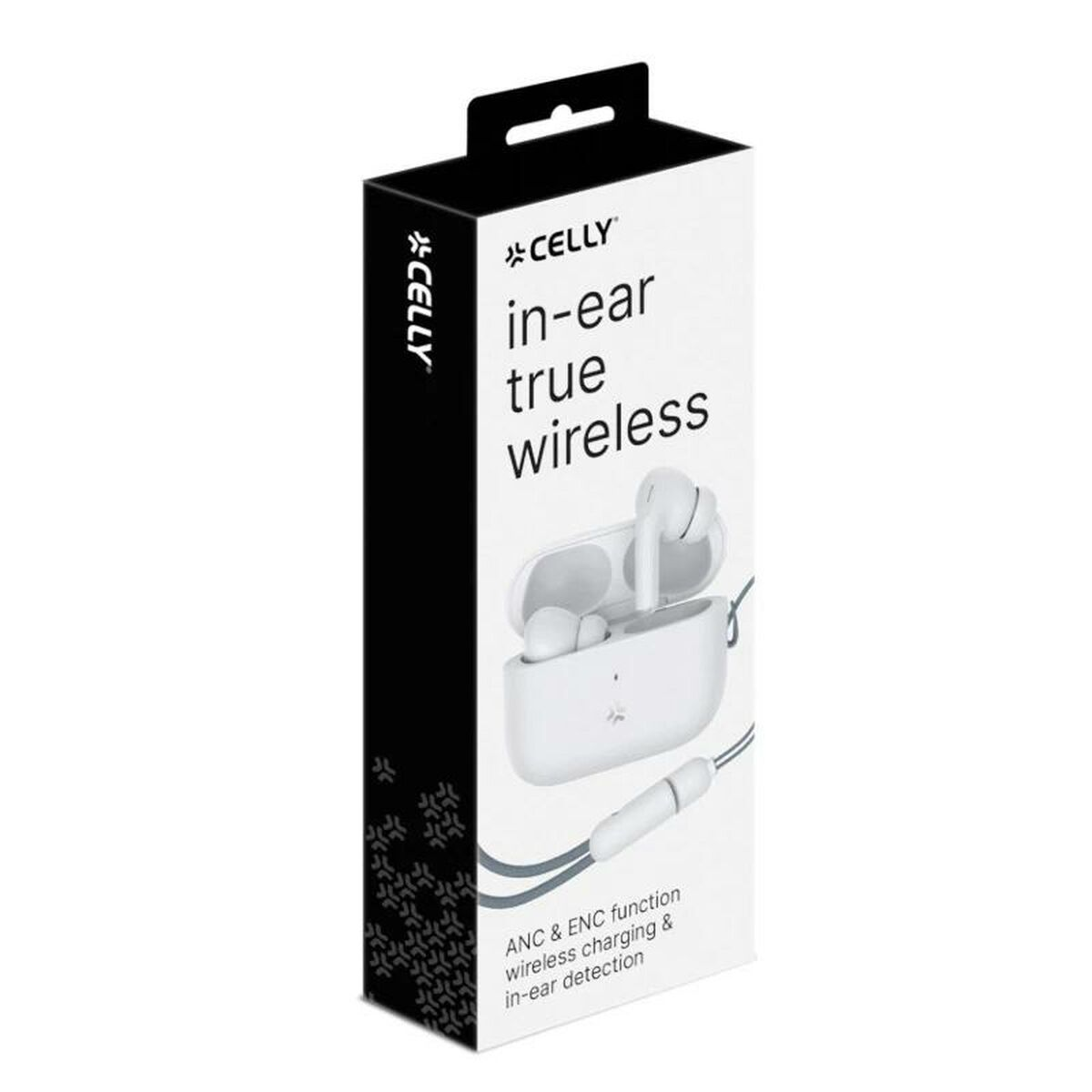 Una scatola bianca con auricolari. La scatola dice 'CELLY in-ear true wireless'. Funzionalità: ricarica wireless e rilevamento in-ear.